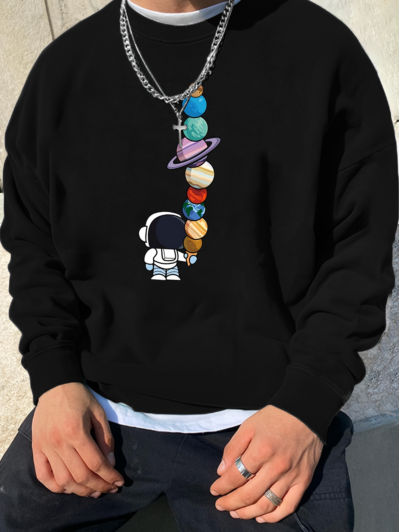 fashionable mens casual astronaut holding planet print long sleeve round neck pullover sweatshirt suitable for outdoor sports for autumn and winter can be paired with hip hop necklace as gifts details 11