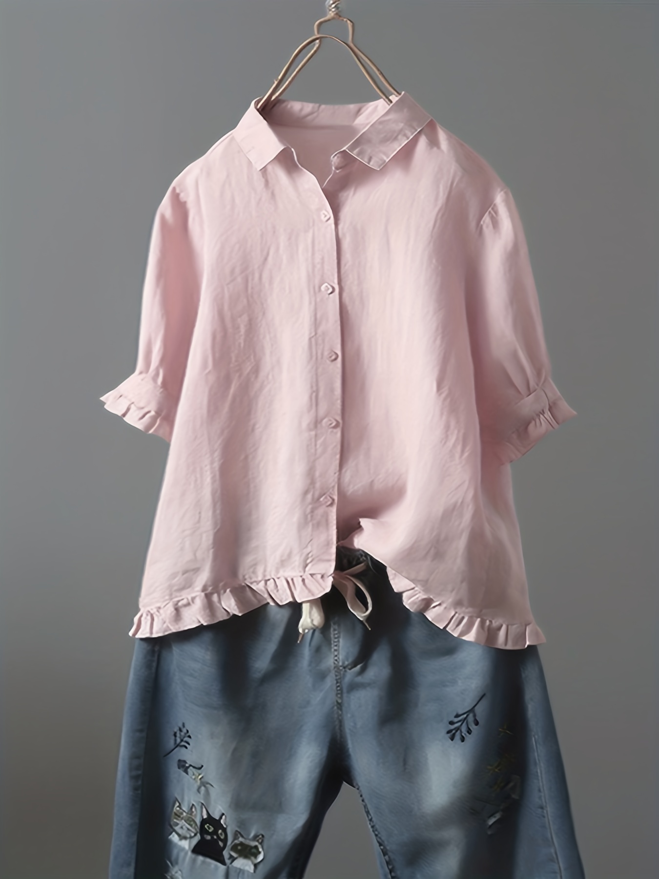solid ruffle trim 3 4 sleeve t shirt casual all seasons tops womens clothing details 0