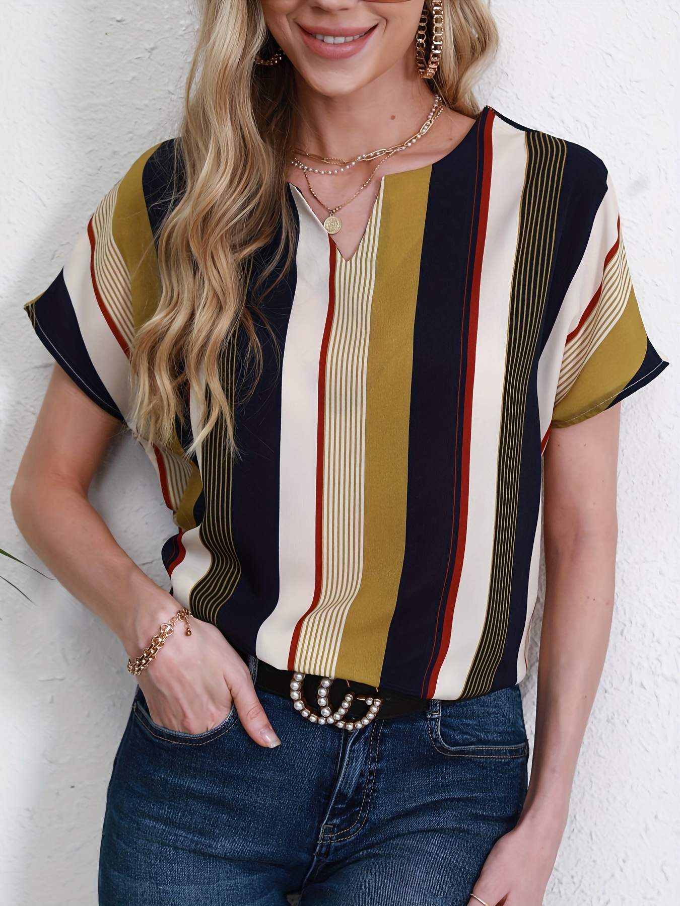 striped notched neck blouse casual short sleeve blouse for spring summer womens clothing details 9