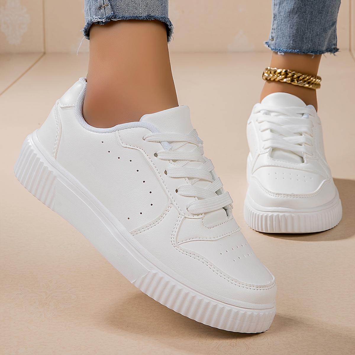 womens solid color sneakers casual lightweight low top skate shoes comfortable white lace up shoes details 1
