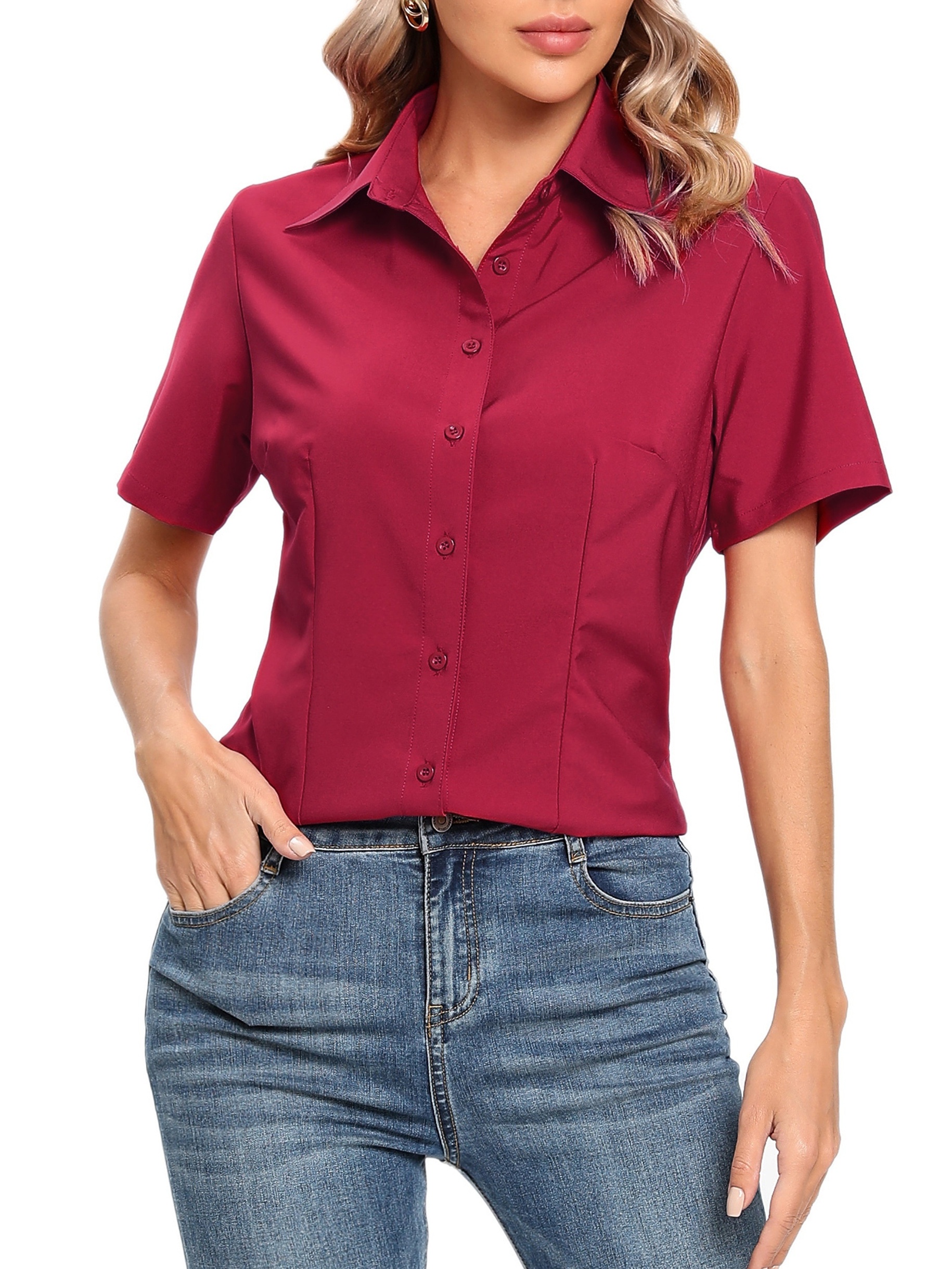 solid button front blouse casual short sleeve blouse for spring summer womens clothing details 9