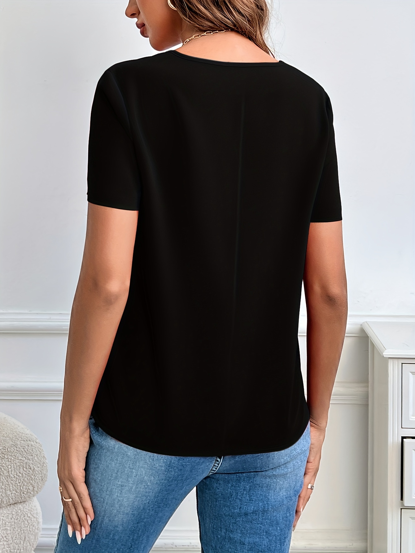 solid notched neck blouse casual short sleeve simple blouse womens clothing details 29