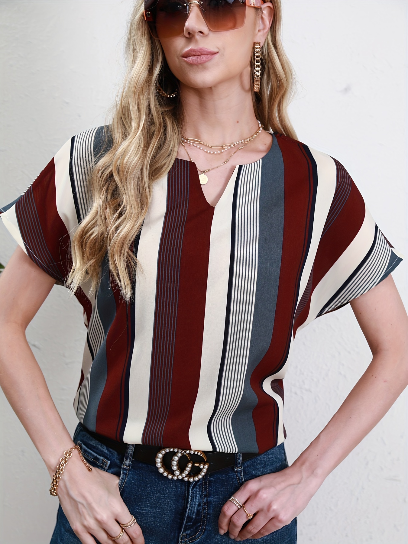striped notched neck blouse casual short sleeve blouse for spring summer womens clothing details 5