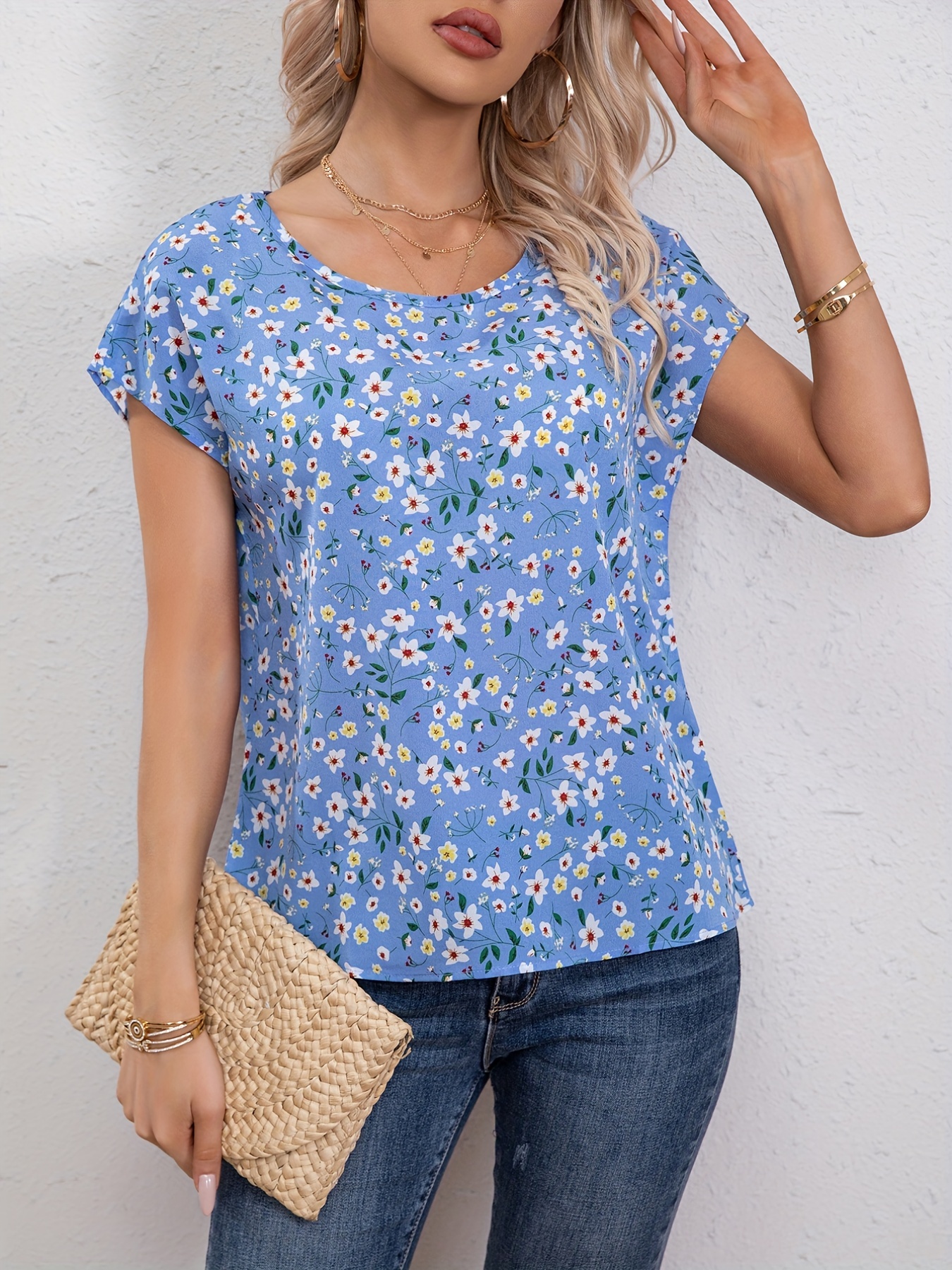 floral print crew neck blouse casual short sleeve blouse for spring summer womens clothing details 7