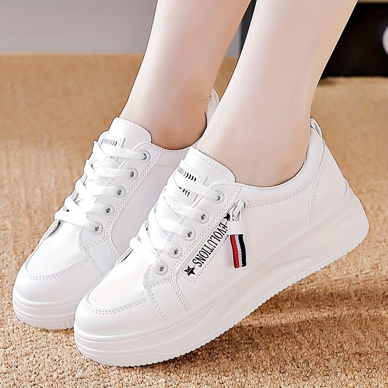 womens solid color casual sneakers lace up wear resistant breathable white shoes versatile low top trainers details 3