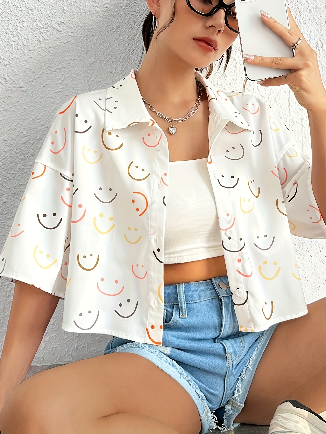 smile print button front crop shirt cute drop shoulder short sleeve shirt for spring summer womens clothing details 1