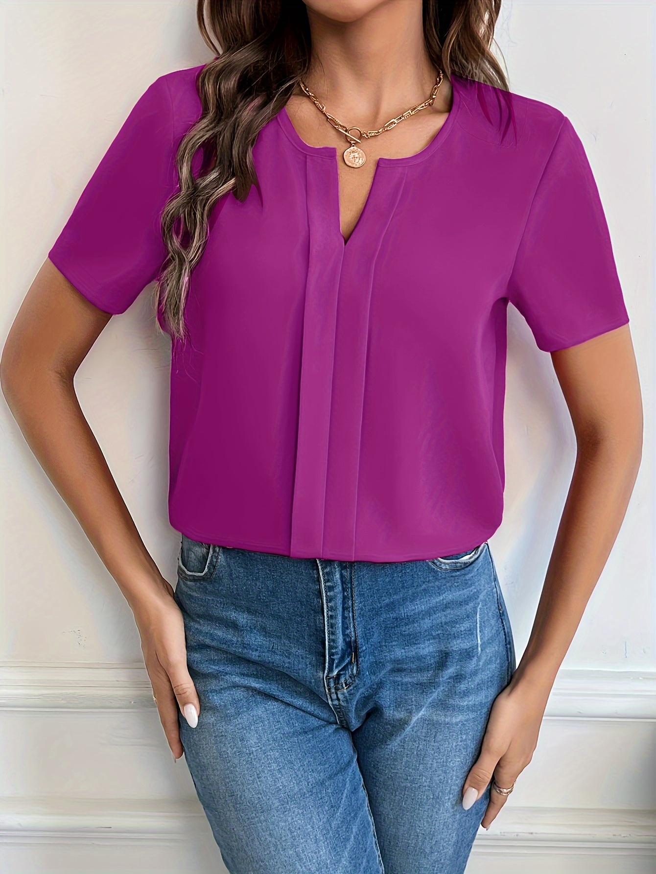 solid notched neck blouse casual short sleeve simple blouse womens clothing details 0