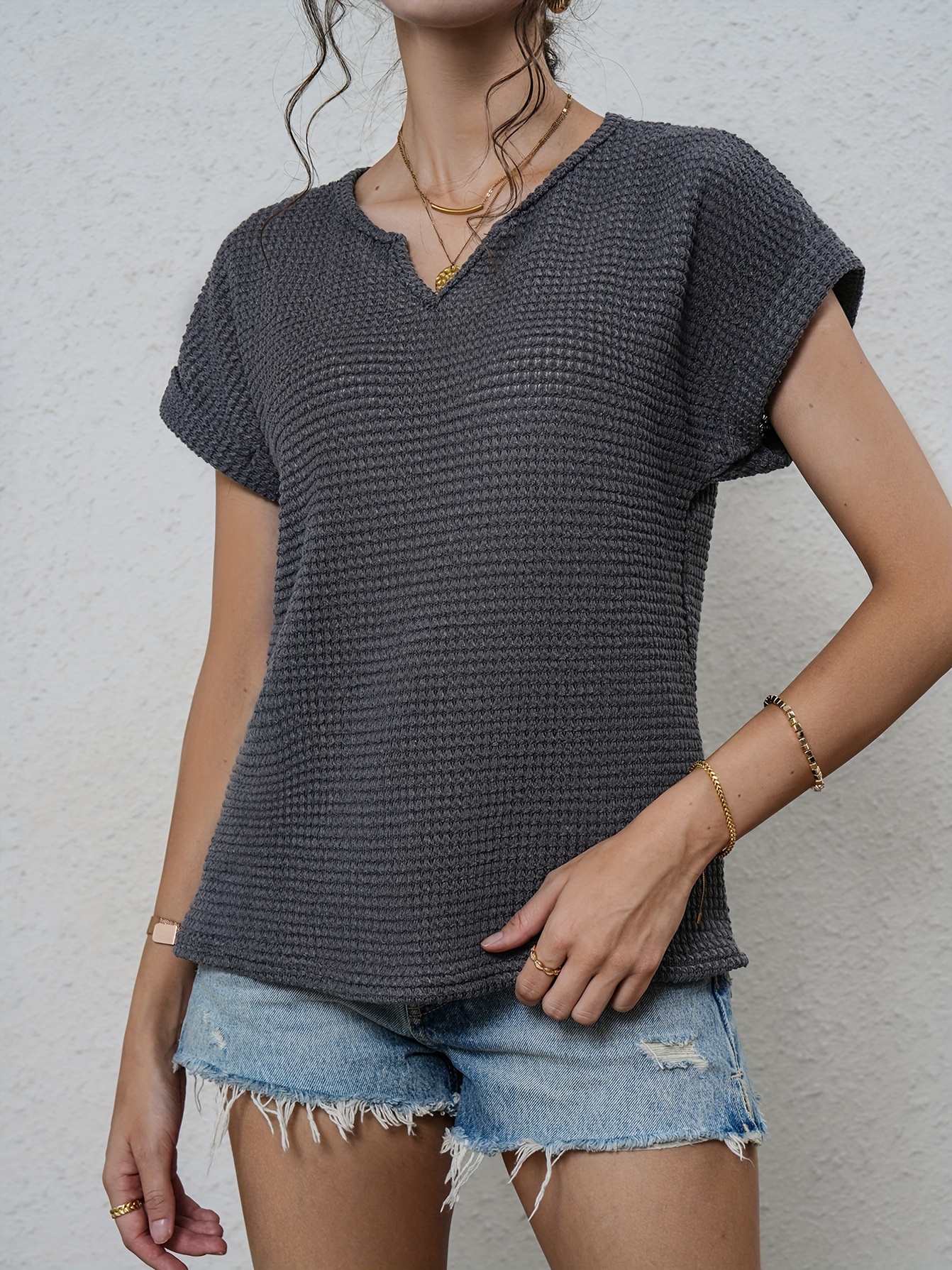 waffle knit v neck blouse casual short sleeve blouse for spring summer womens clothing details 18