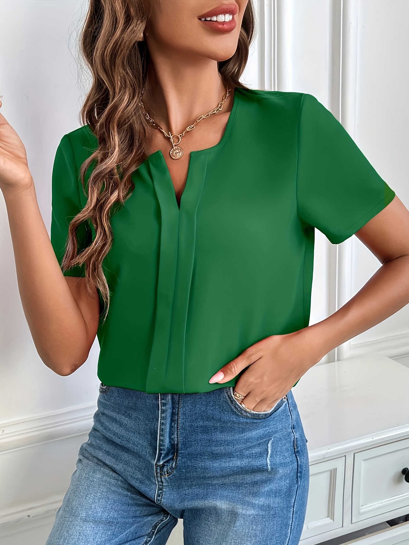 solid notched neck blouse casual short sleeve simple blouse womens clothing details 17