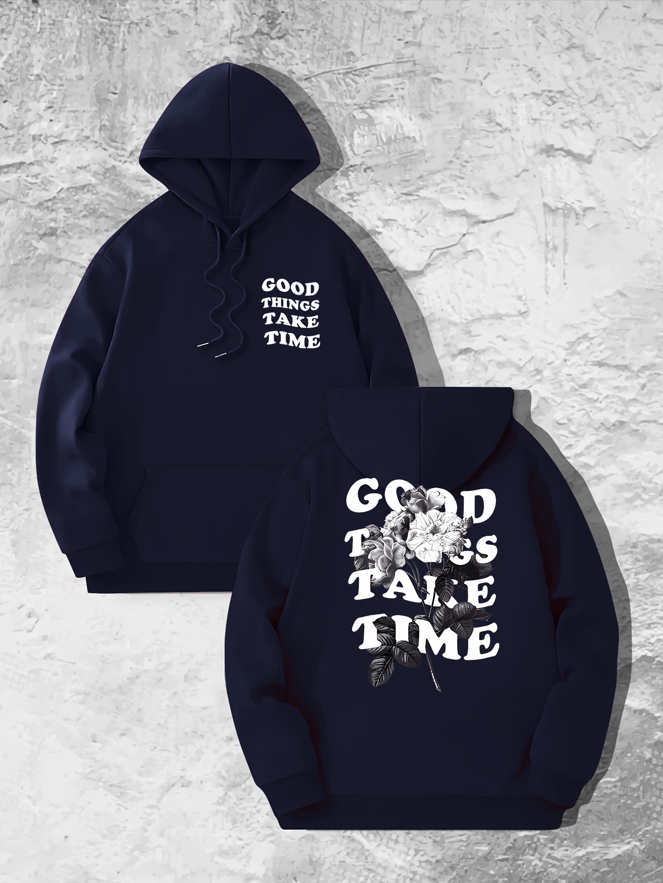 good things take time flower print mens pullover round neck long sleeve hooded sweatshirt pattern loose casual top for autumn winter mens clothing as gifts details 35