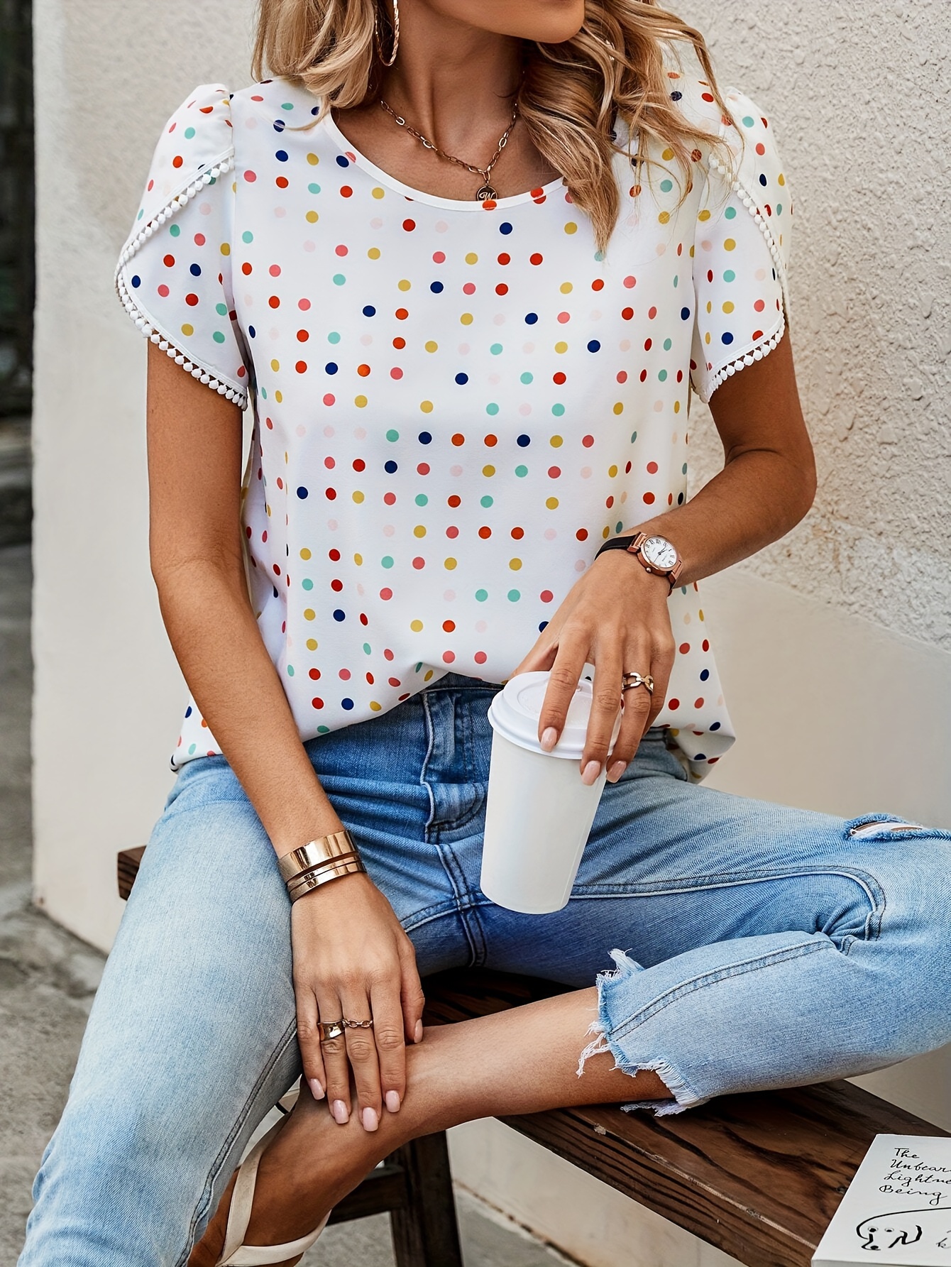 colorful dot print petal sleeve blouse cute crew neck blouse for spring summer womens clothing details 3