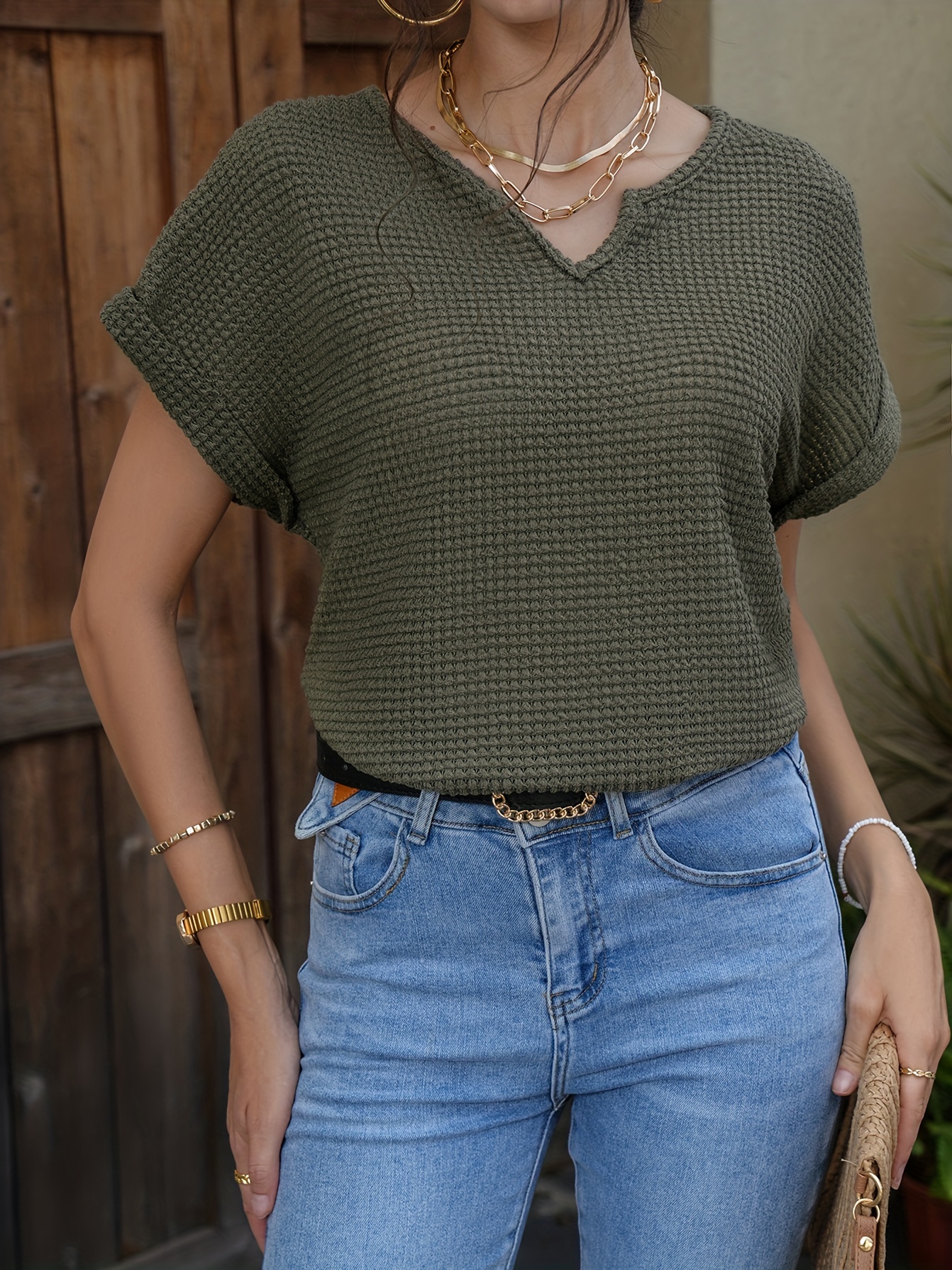 waffle knit v neck blouse casual short sleeve blouse for spring summer womens clothing details 29
