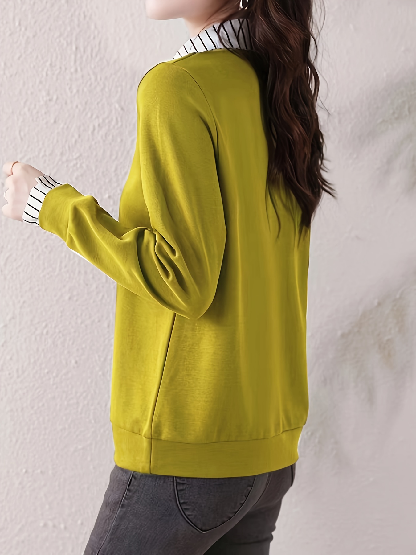 striped print color block splicing shirt casual long sleeve button front shirt for spring fall womens clothing details 7