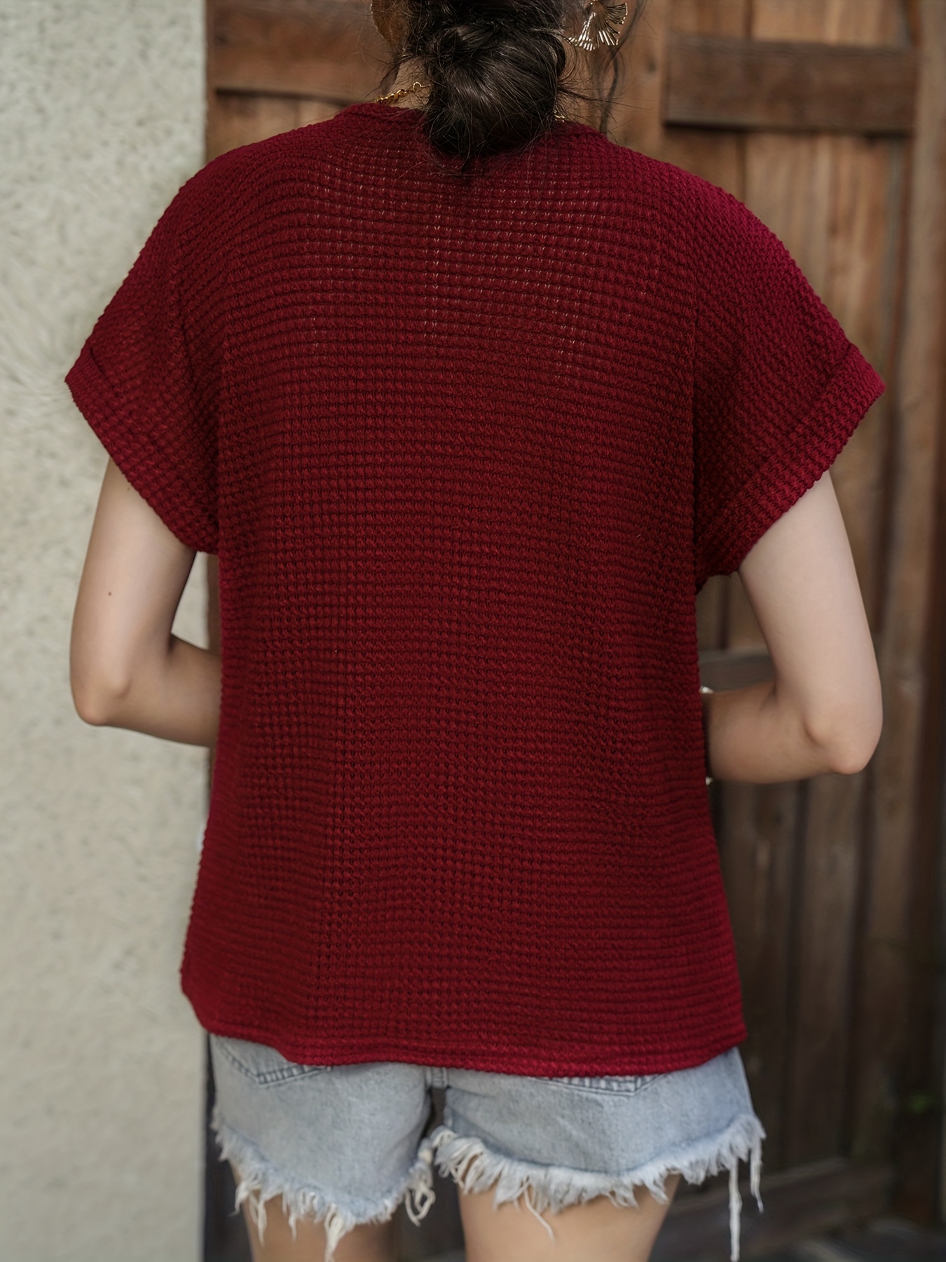 waffle knit v neck blouse casual short sleeve blouse for spring summer womens clothing details 1