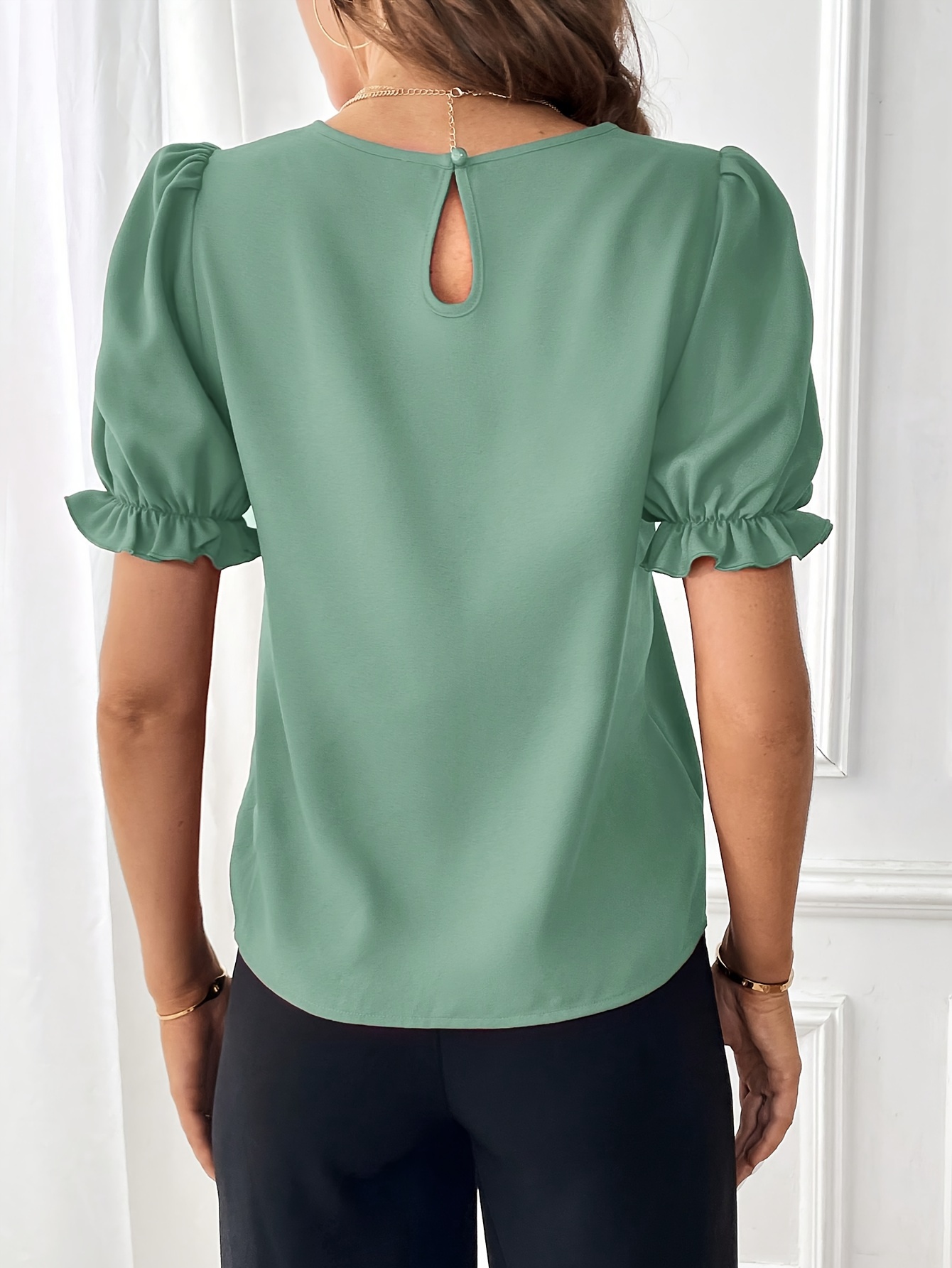 solid crew neck blouse elegant puff sleeve blouse for spring summer womens clothing details 0