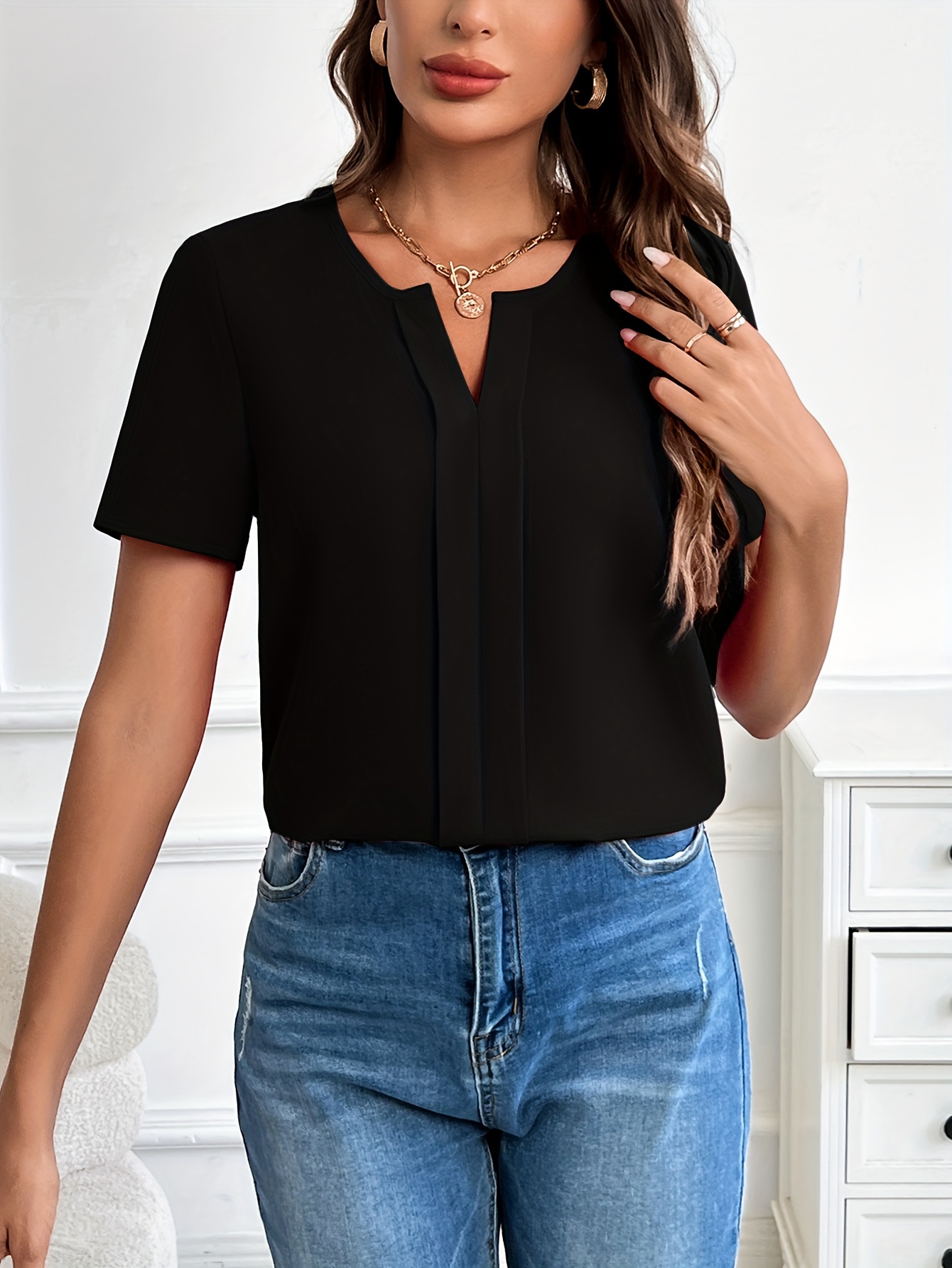 solid notched neck blouse casual short sleeve simple blouse womens clothing details 30