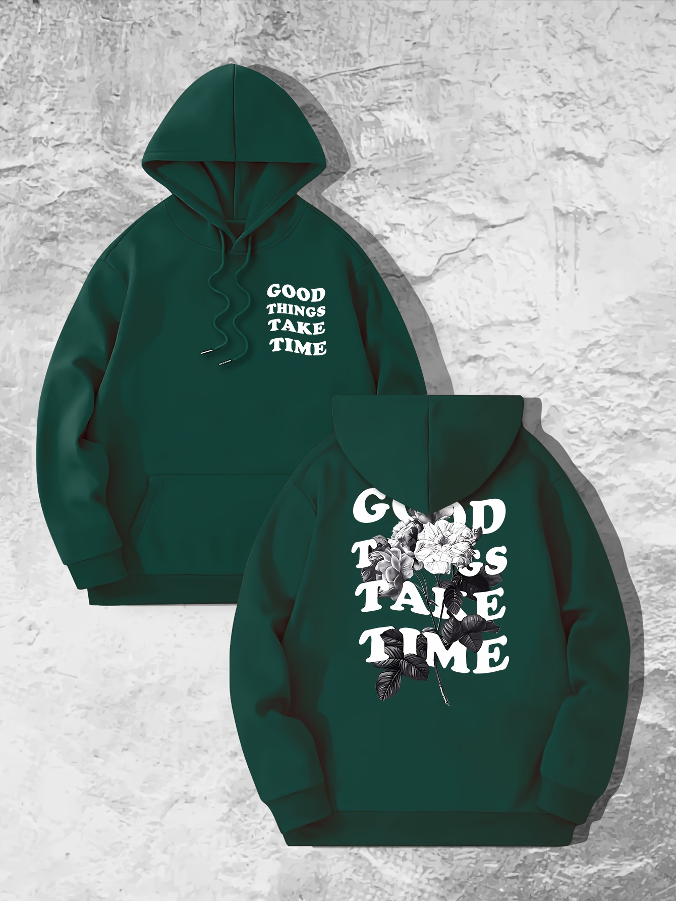 good things take time flower print mens pullover round neck long sleeve hooded sweatshirt pattern loose casual top for autumn winter mens clothing as gifts details 30