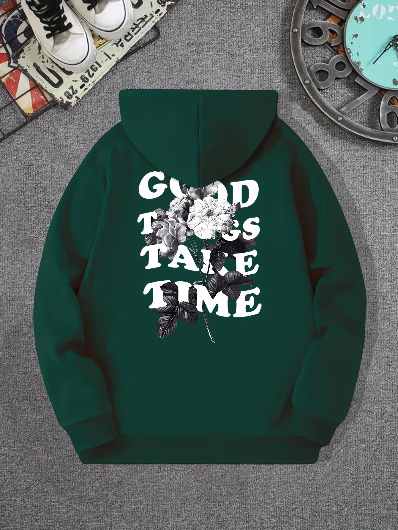 good things take time flower print mens pullover round neck long sleeve hooded sweatshirt pattern loose casual top for autumn winter mens clothing as gifts details 31