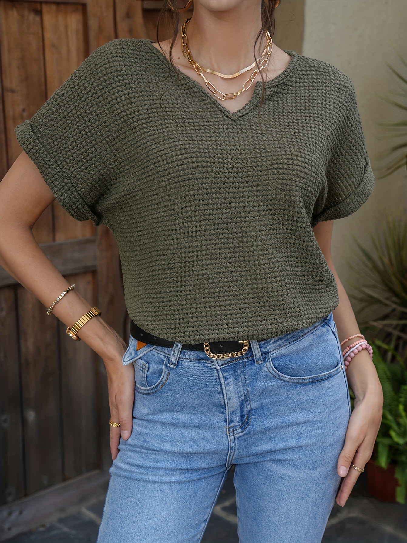 waffle knit v neck blouse casual short sleeve blouse for spring summer womens clothing details 27
