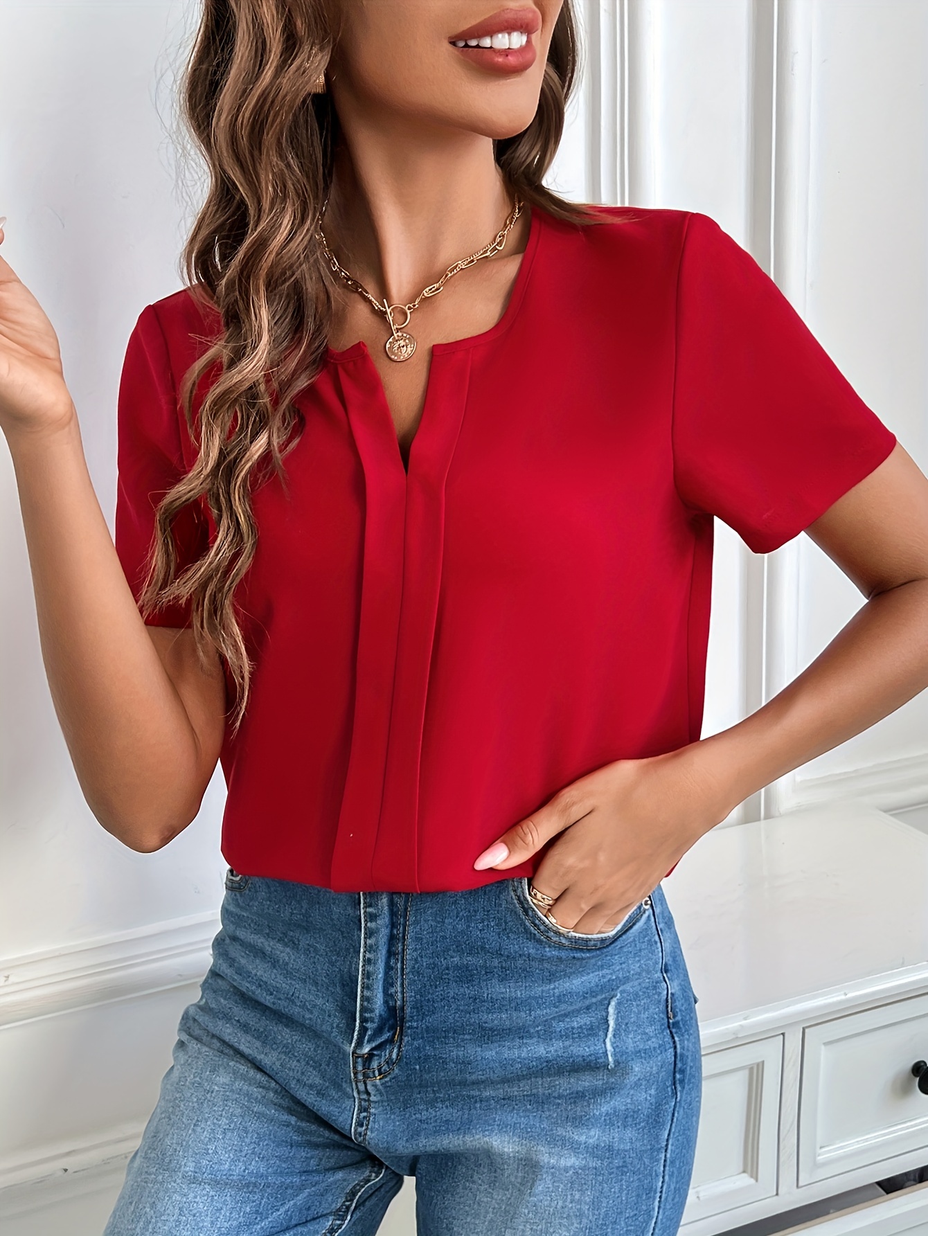 solid notched neck blouse casual short sleeve simple blouse womens clothing details 35