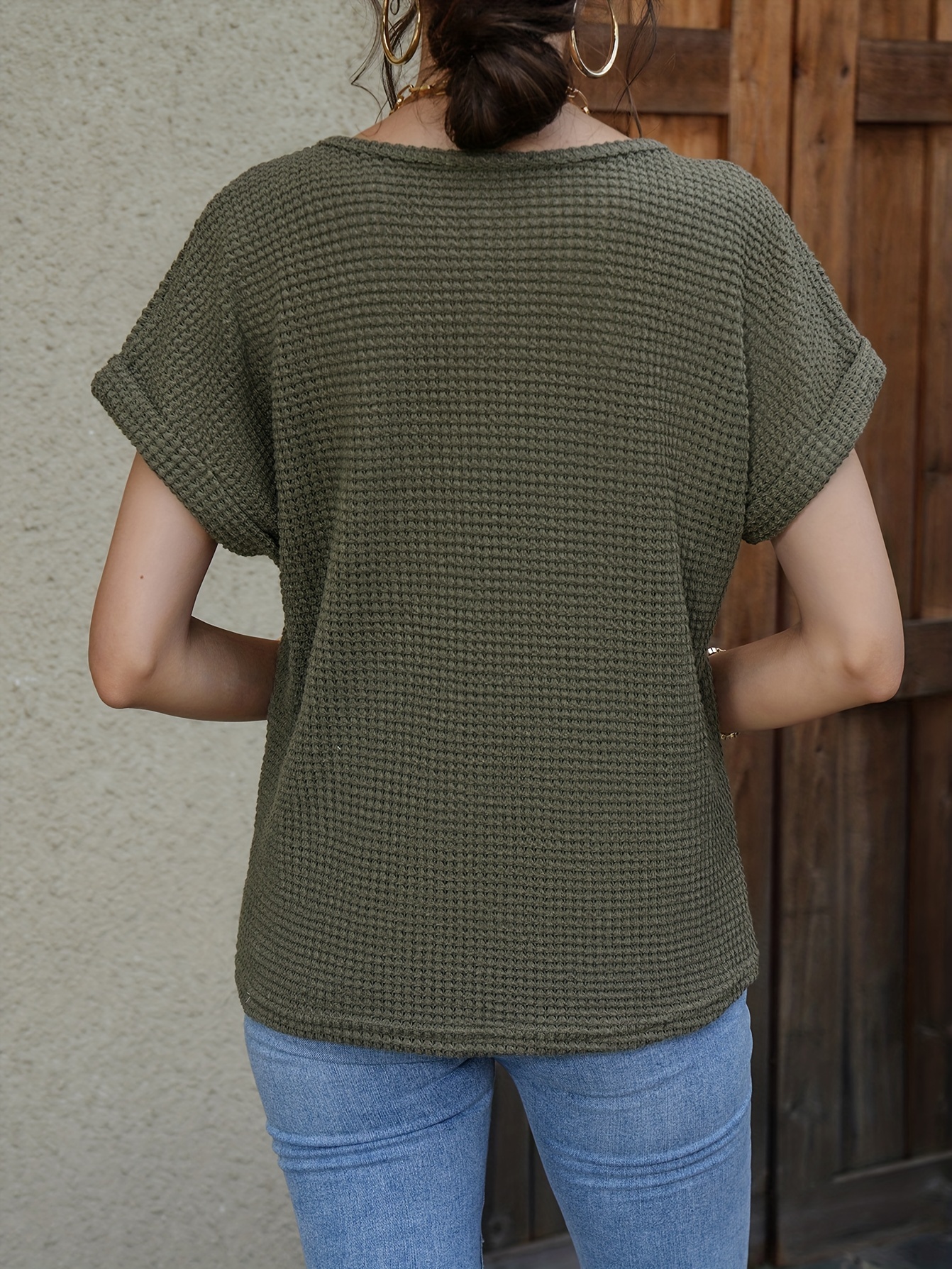 waffle knit v neck blouse casual short sleeve blouse for spring summer womens clothing details 26
