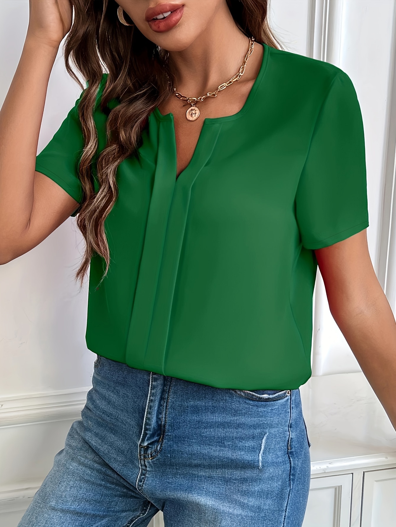 solid notched neck blouse casual short sleeve simple blouse womens clothing details 16