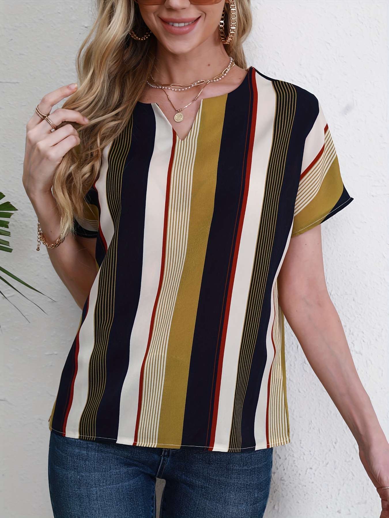 striped notched neck blouse casual short sleeve blouse for spring summer womens clothing details 8
