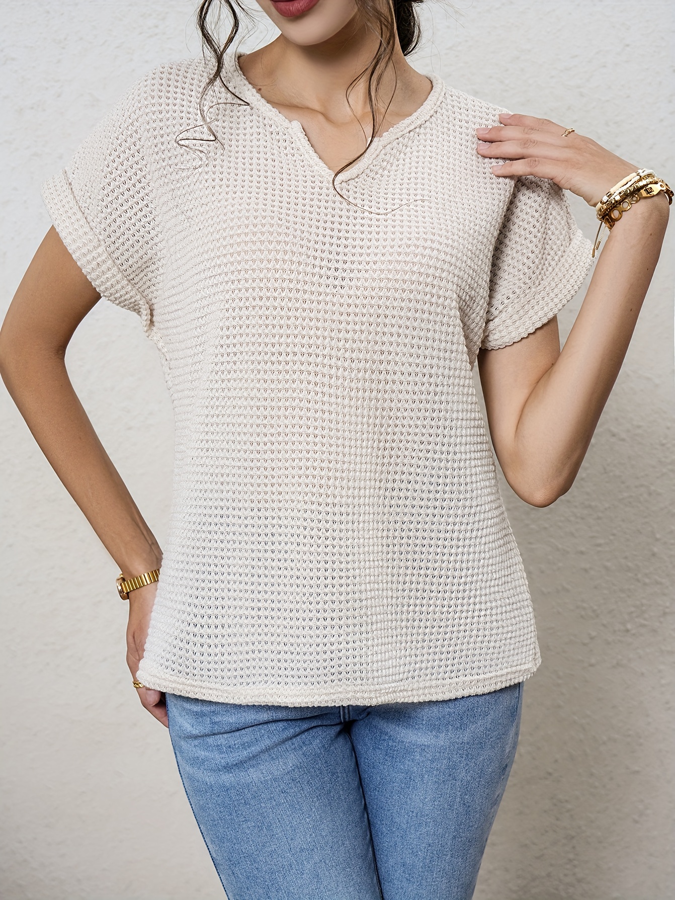 waffle knit v neck blouse casual short sleeve blouse for spring summer womens clothing details 38