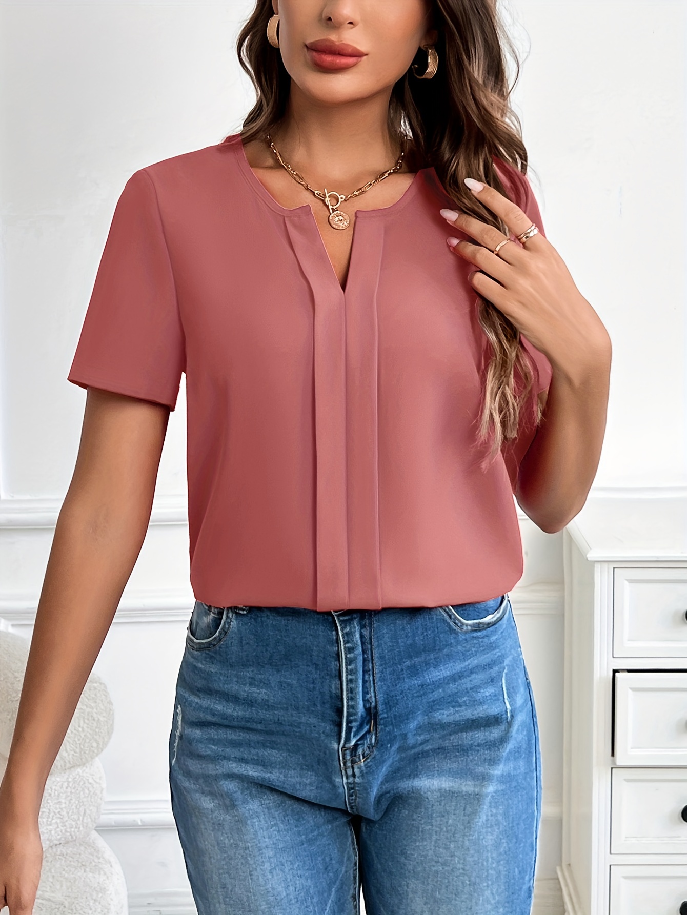 solid notched neck blouse casual short sleeve simple blouse womens clothing details 20