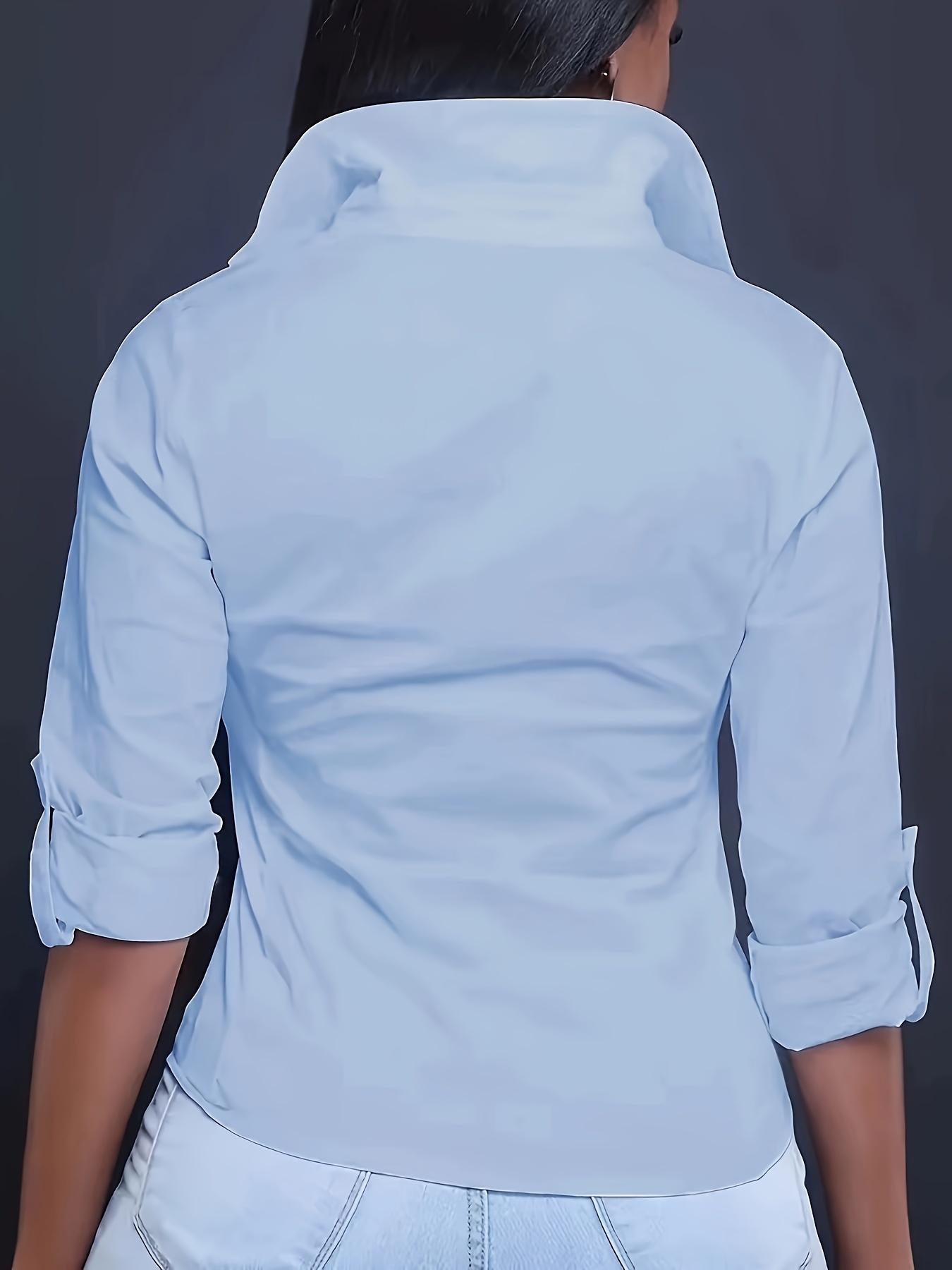 solid color button front shirt casual long sleeve pocket shirt for spring fall womens clothing details 1