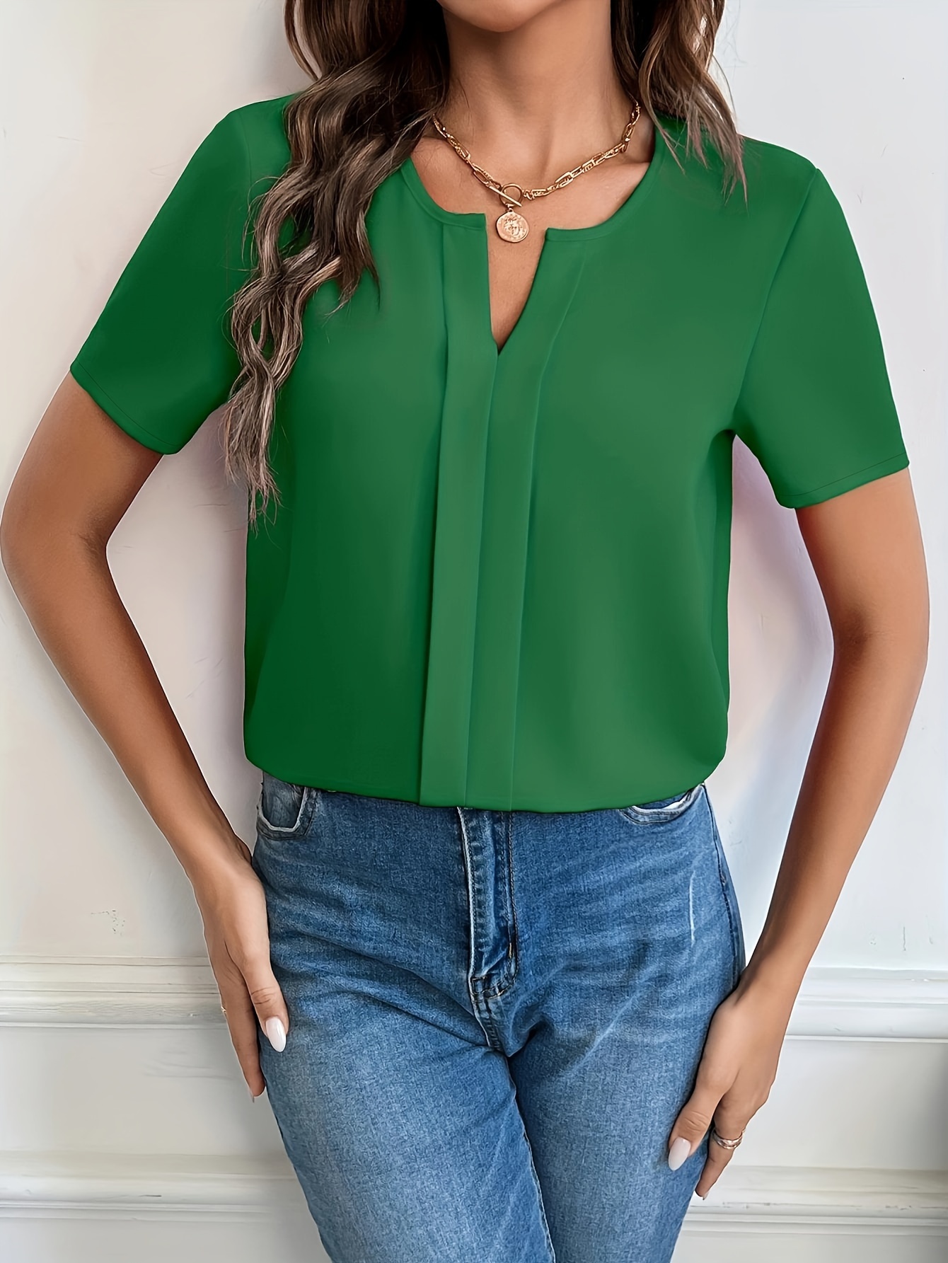 solid notched neck blouse casual short sleeve simple blouse womens clothing details 12
