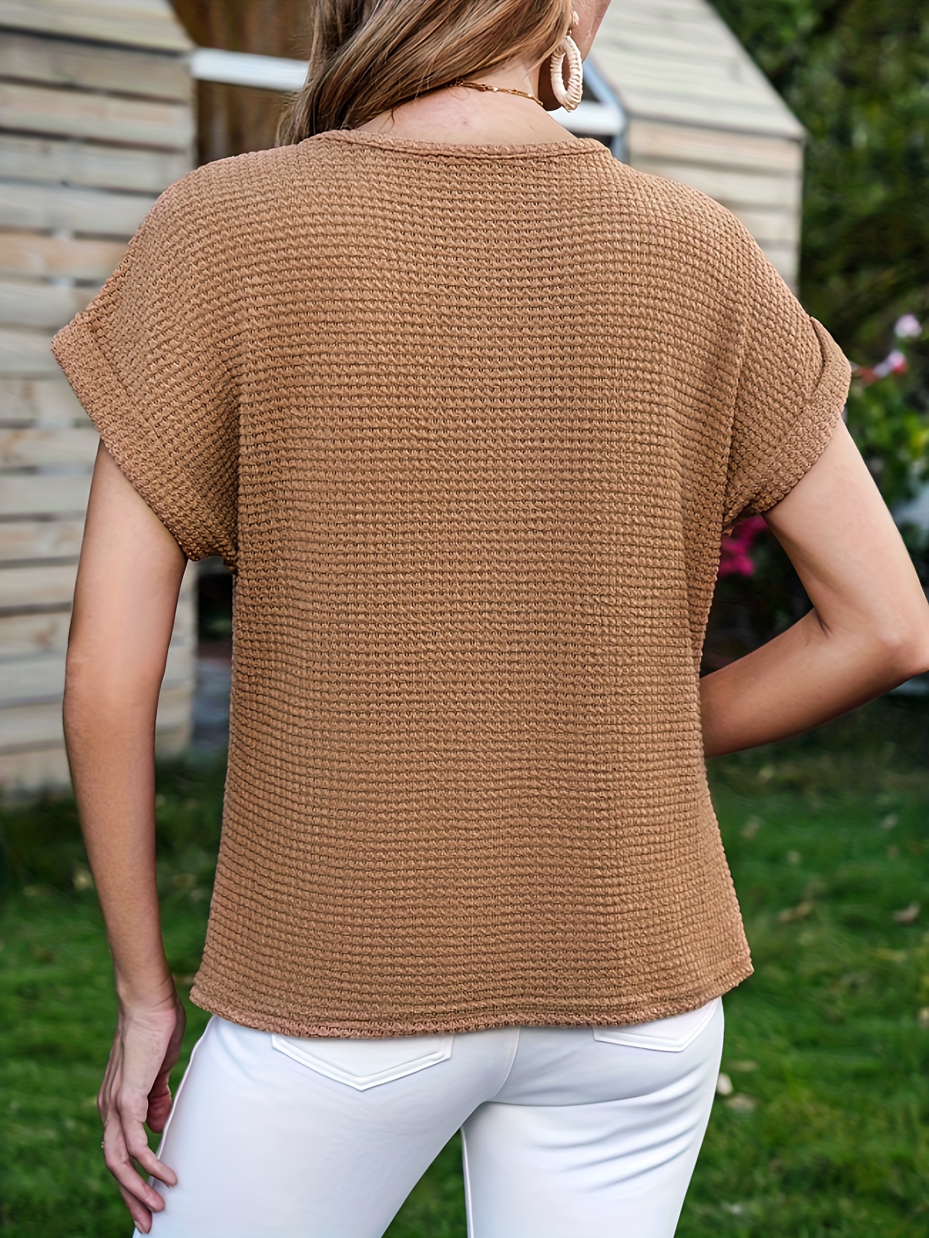 waffle knit v neck blouse casual short sleeve blouse for spring summer womens clothing details 11