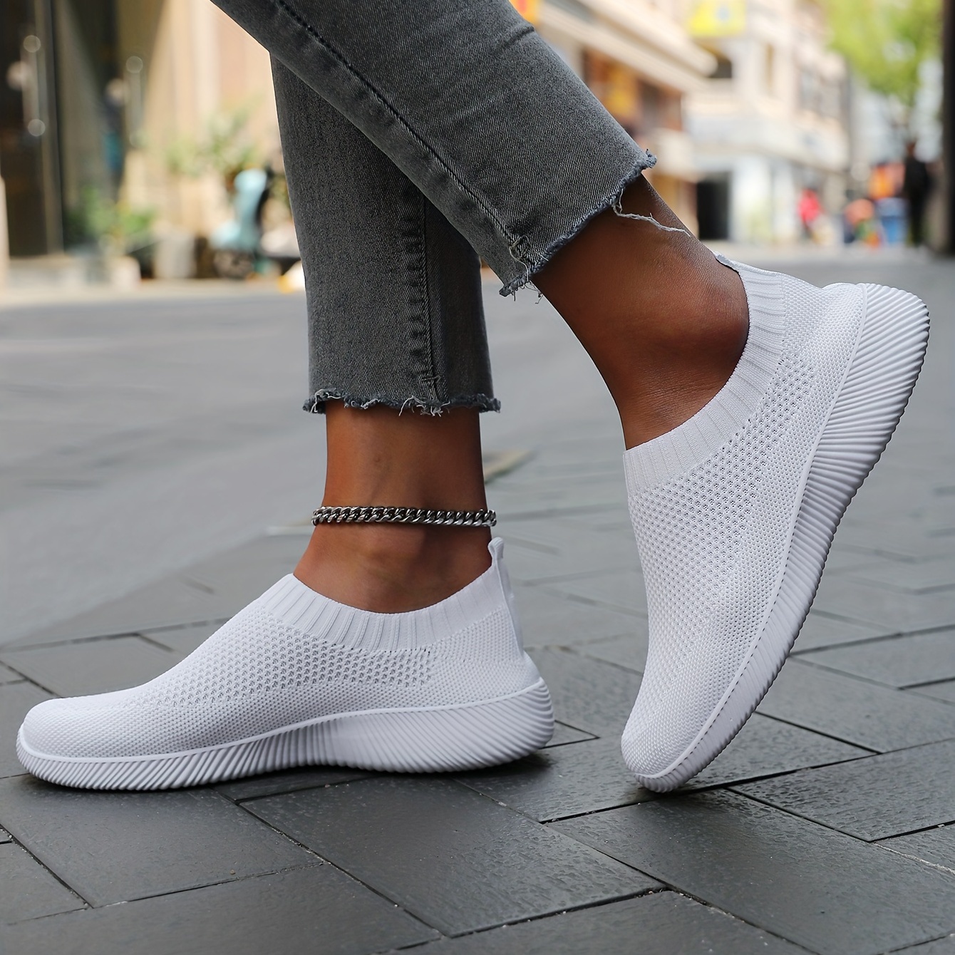 womens solid color flying woven sneakers casual breathable slip on outdoor shoes lightweight low top running shoes details 5