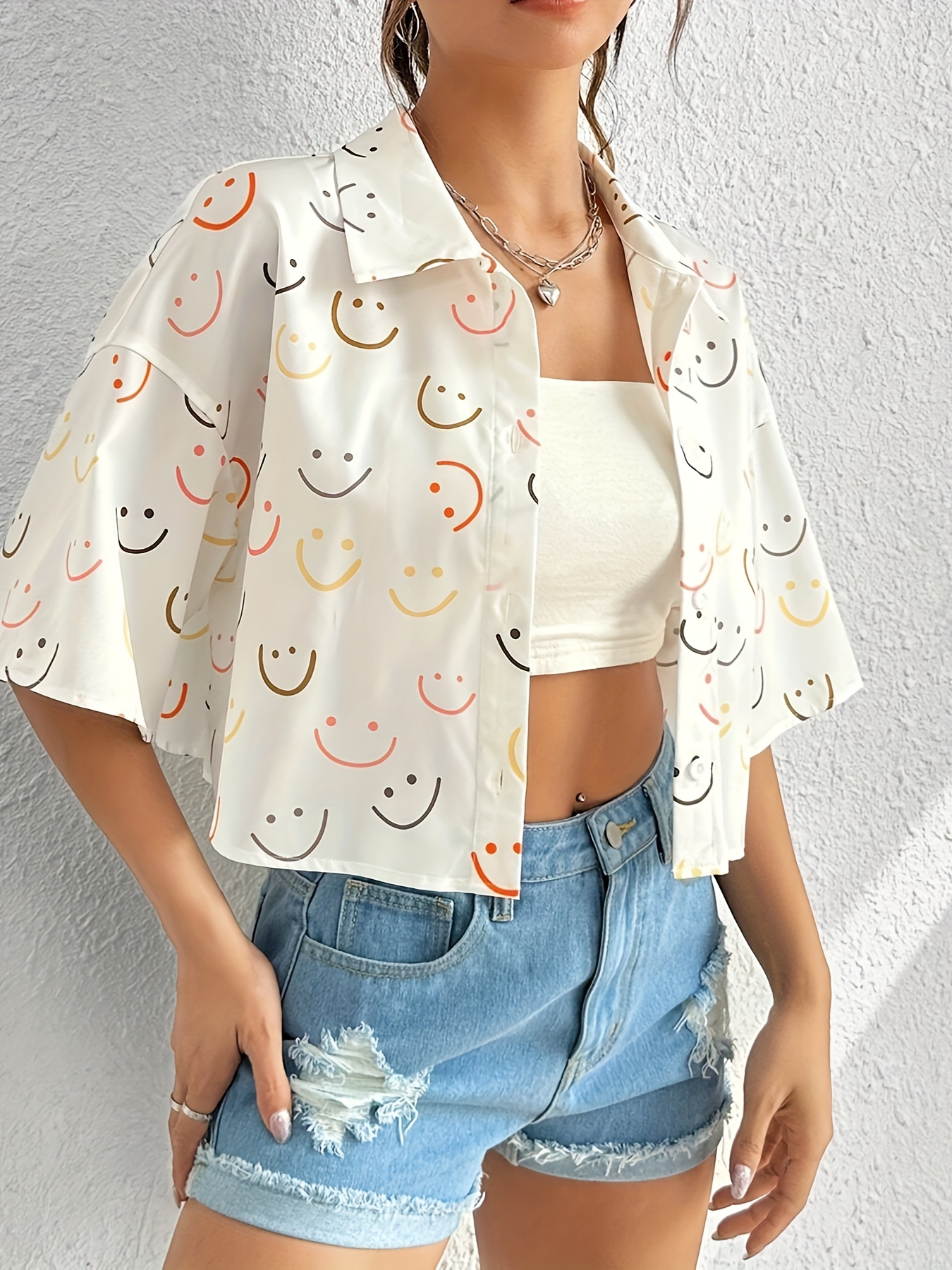 smile print button front crop shirt cute drop shoulder short sleeve shirt for spring summer womens clothing details 2