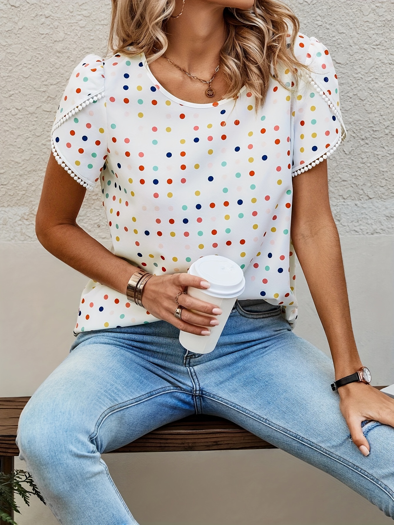 colorful dot print petal sleeve blouse cute crew neck blouse for spring summer womens clothing details 2
