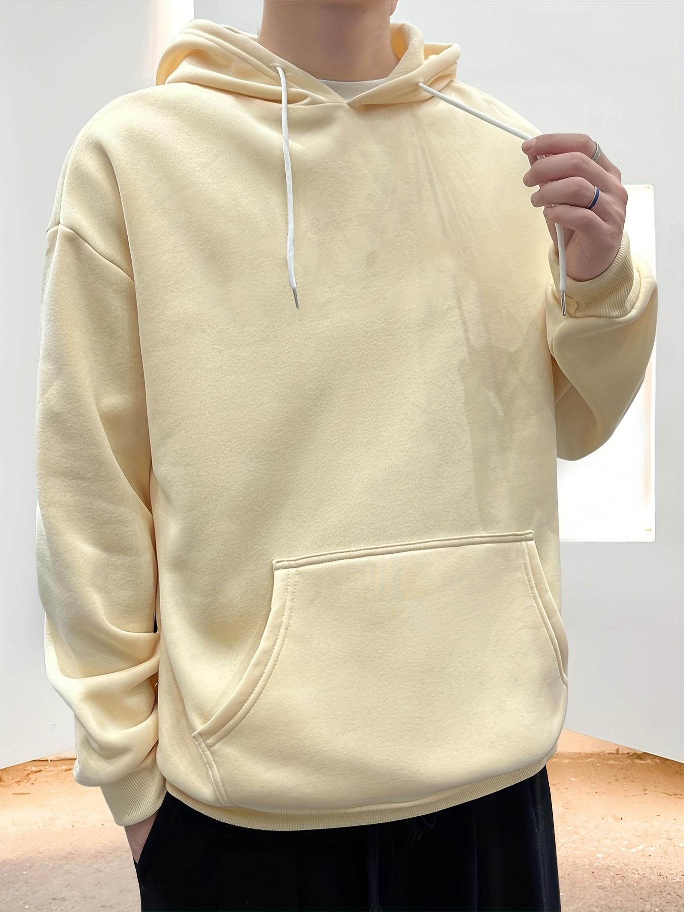 drop shoulder hoodie, mens fleece loose long sleeve drop shoulder hoodie details 1