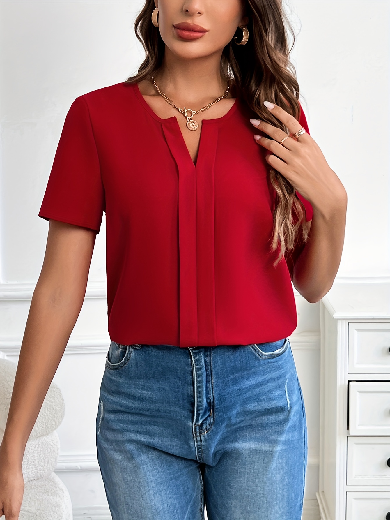 solid notched neck blouse casual short sleeve simple blouse womens clothing details 37