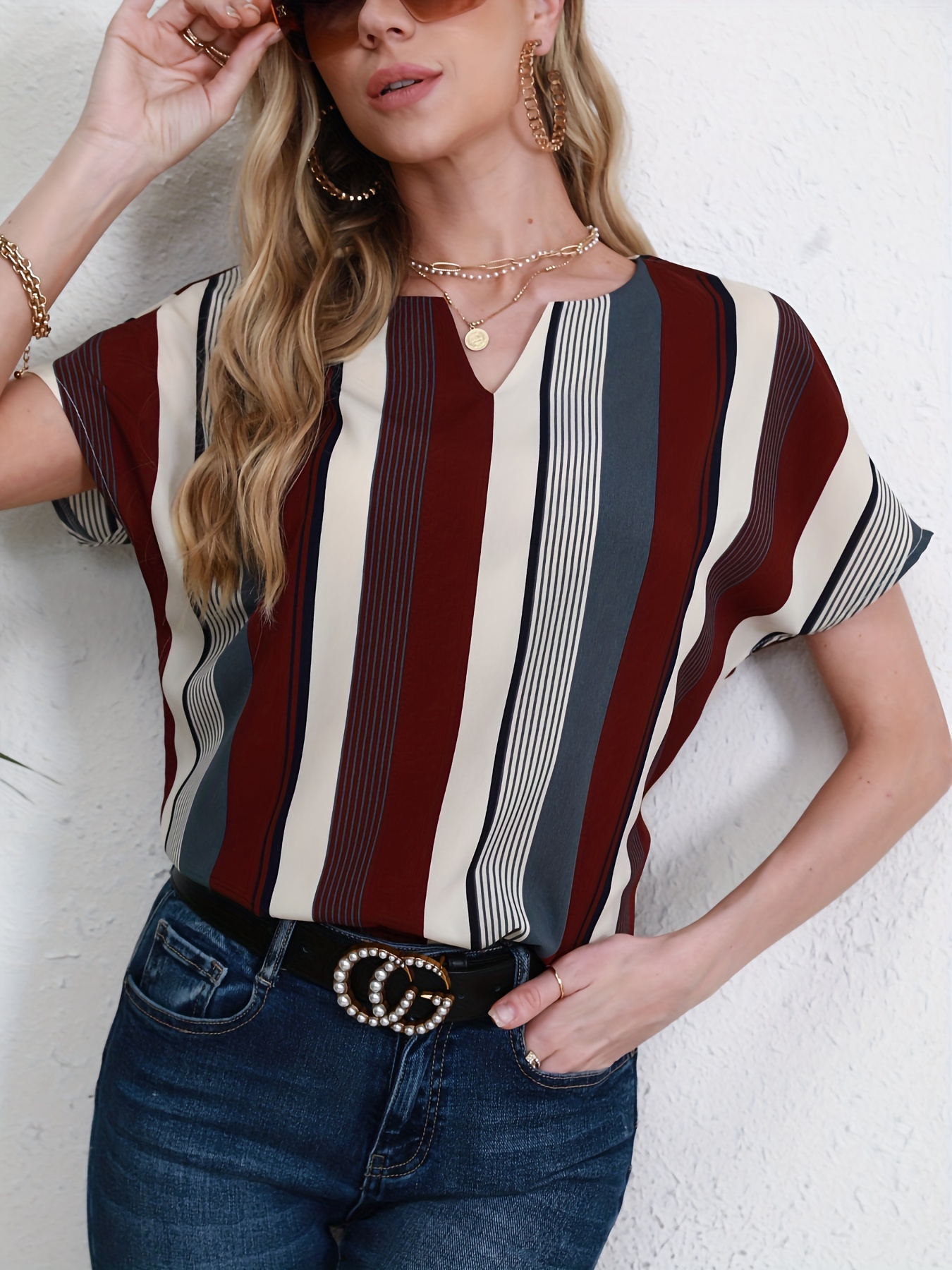 striped notched neck blouse casual short sleeve blouse for spring summer womens clothing details 0