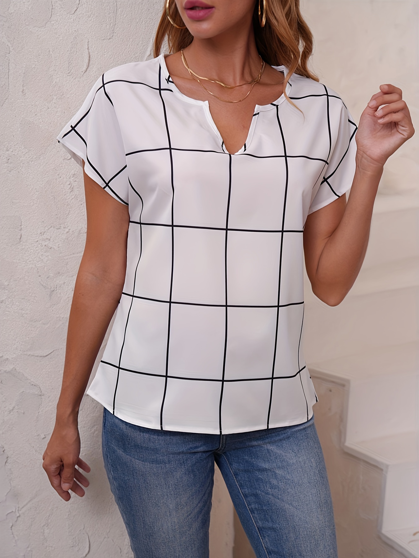 plaid print v neck blouse short sleeve casual blouse for spring summer womens clothing details 2