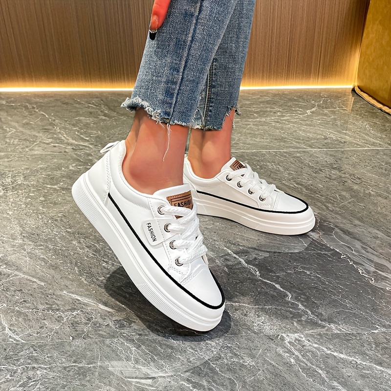 womens solid color casual sneakers lace up platform soft sole skate shoes low top versatile walking shoes details 1