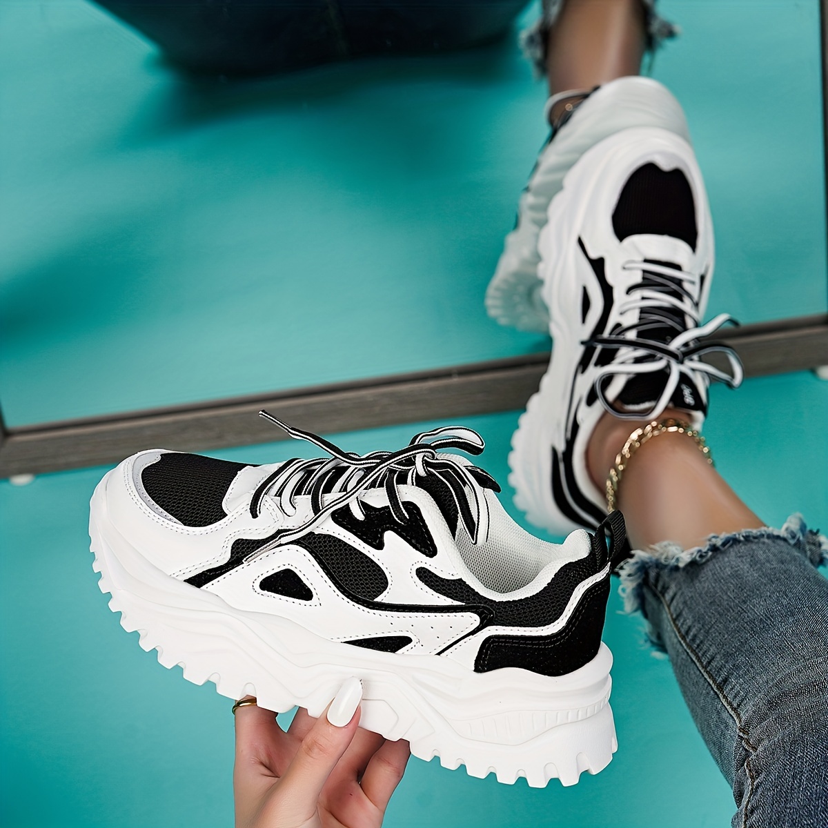 Women's Ombre Thick-soled Chunky Sneakers, Breathable Mesh