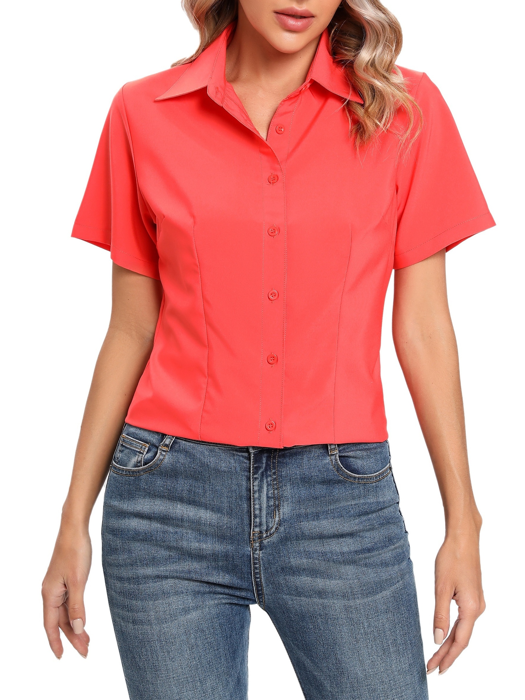 solid button front blouse casual short sleeve blouse for spring summer womens clothing details 4