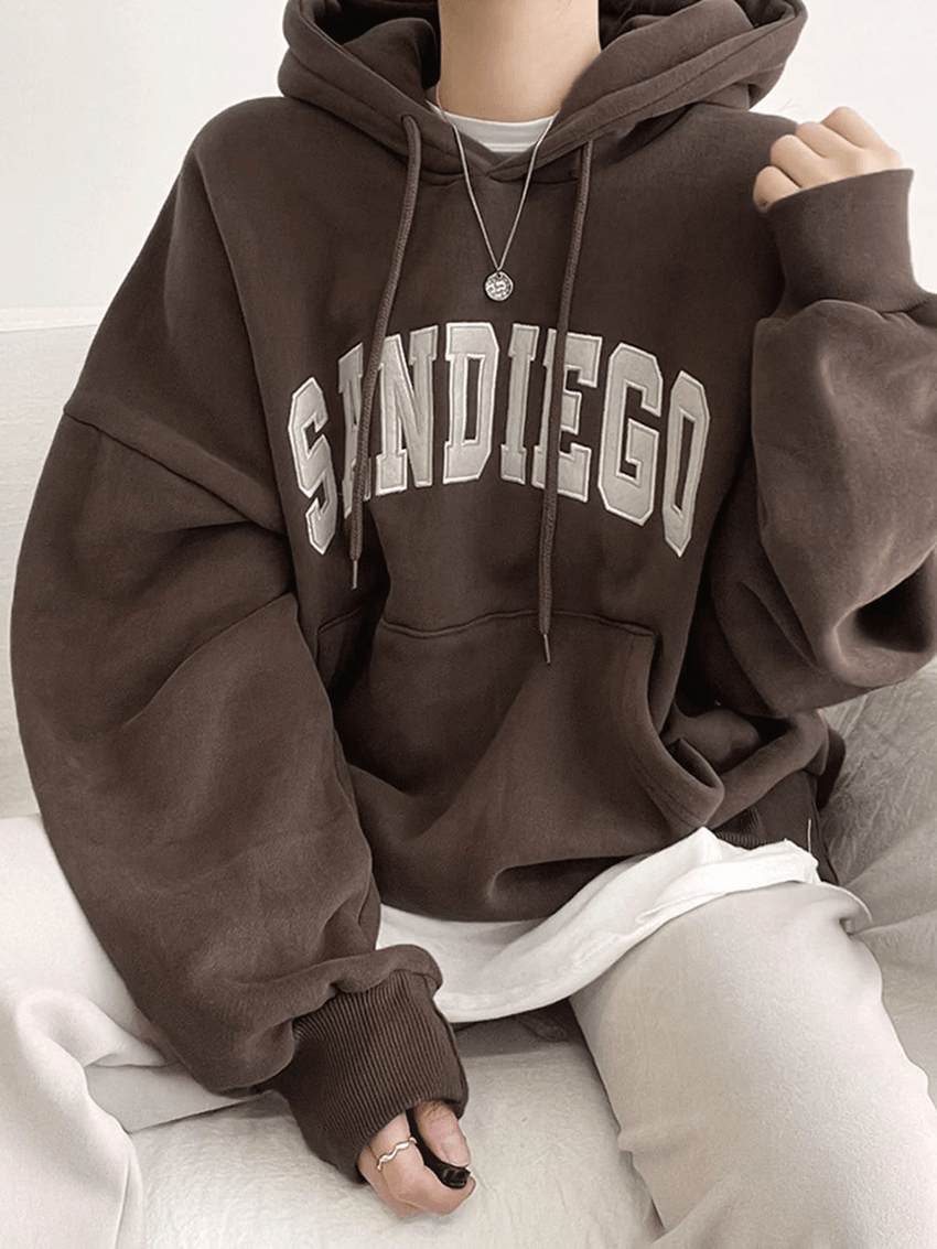 letter print drawstring hoodie casual long sleeve kangaroo pocket hoodie sweatshirt womens clothing details 1