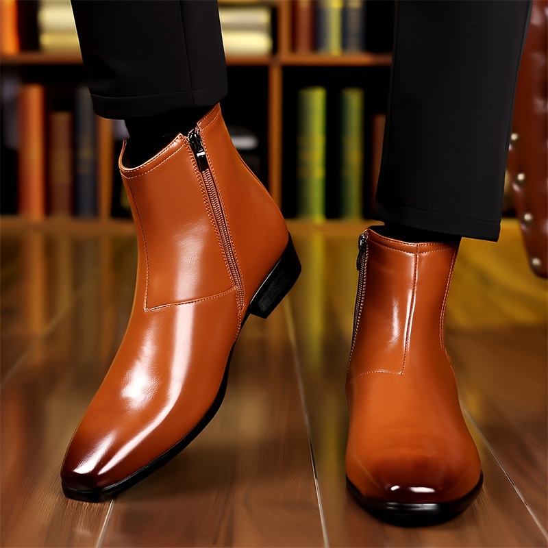 mens fashion casual pu leather boots non slip formal dress shoes with side zippers for outdoor details 6