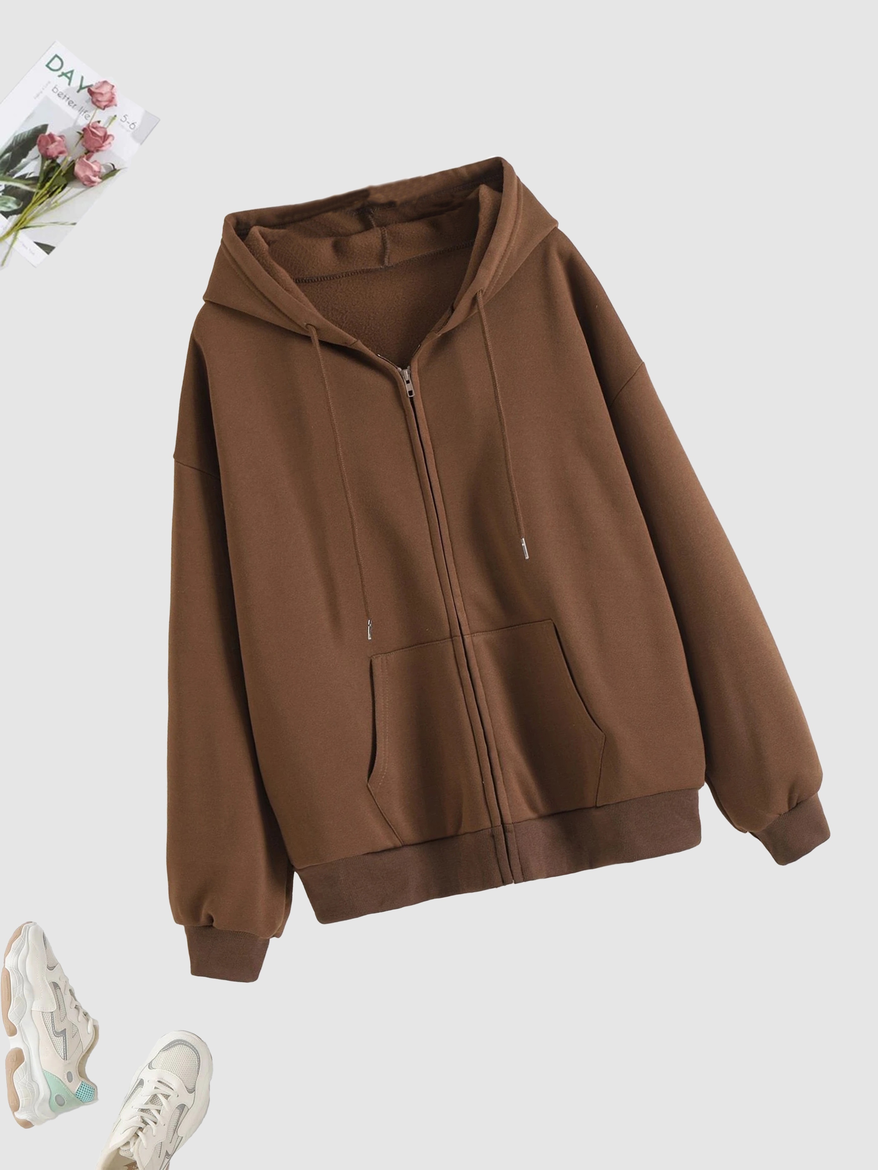 solid zip up hoodie casual long sleeve drawstring hoodies sweatshirt womens clothing details 6