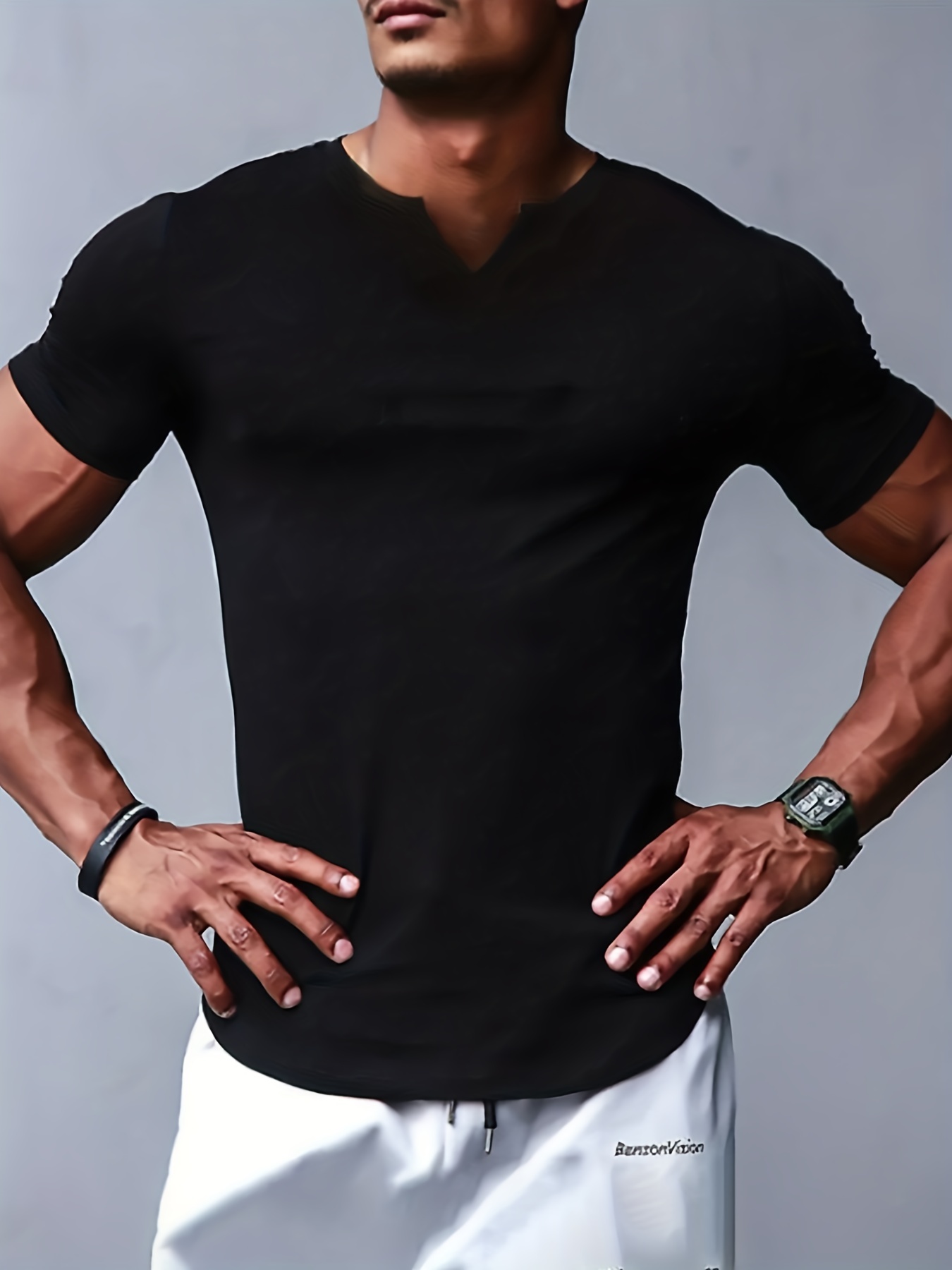solid color mens comfy v neck medium stretch t shirt mens summer clothes mens outfits details 0