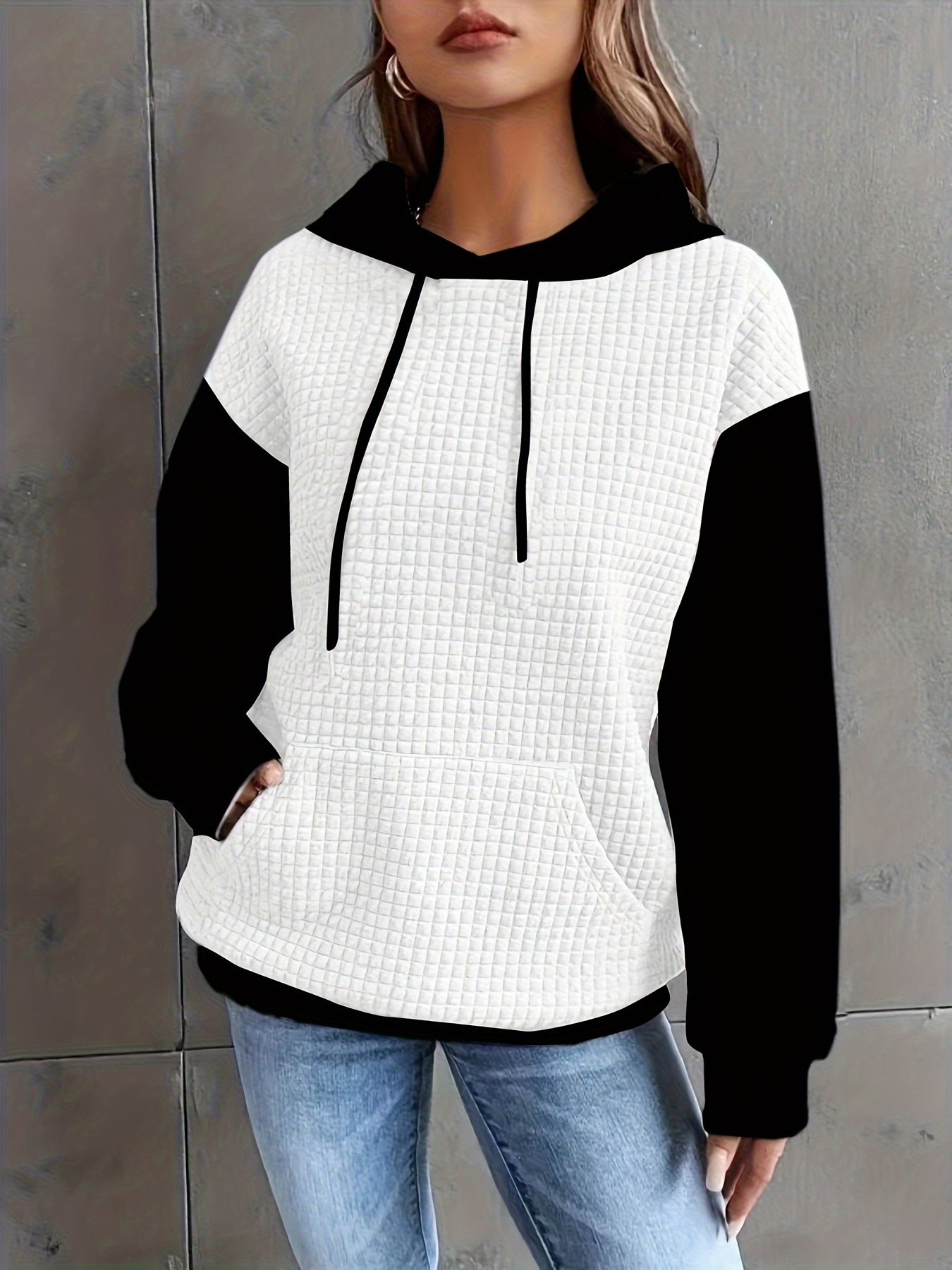 color block waffle drawstring hoodie casual long sleeve pocket sweatshirt womens clothing details 11