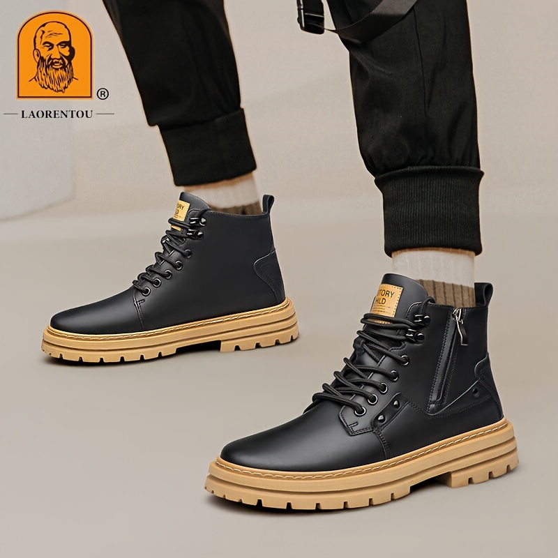 mens trendy outdoor work boots breathable anti skid high top lace up boots with side zipper autumn and winter details 11