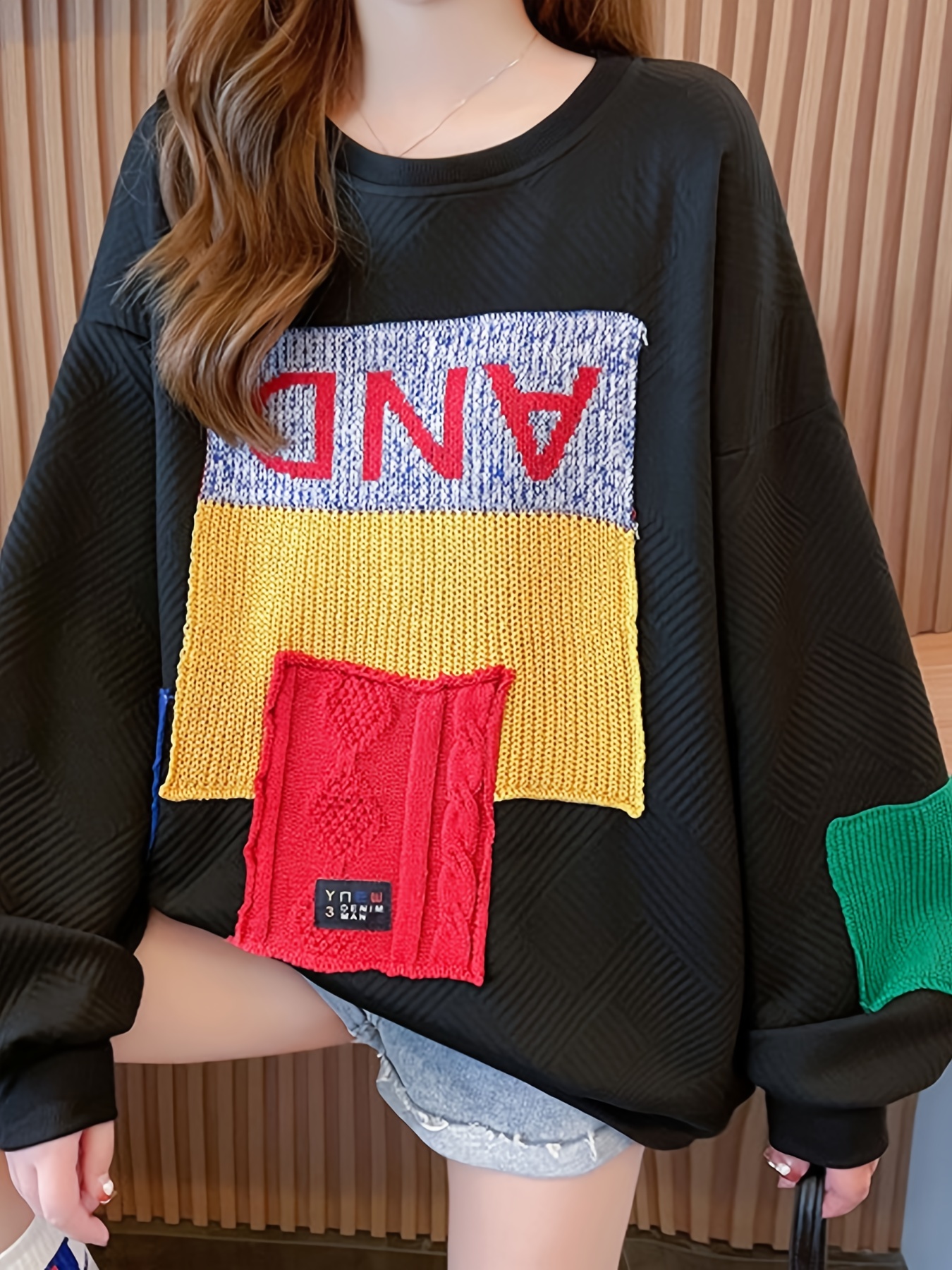 colorblock patchwork crew neck pullover casual fashion loose long sleeve sweatshirt womens clothing details 17