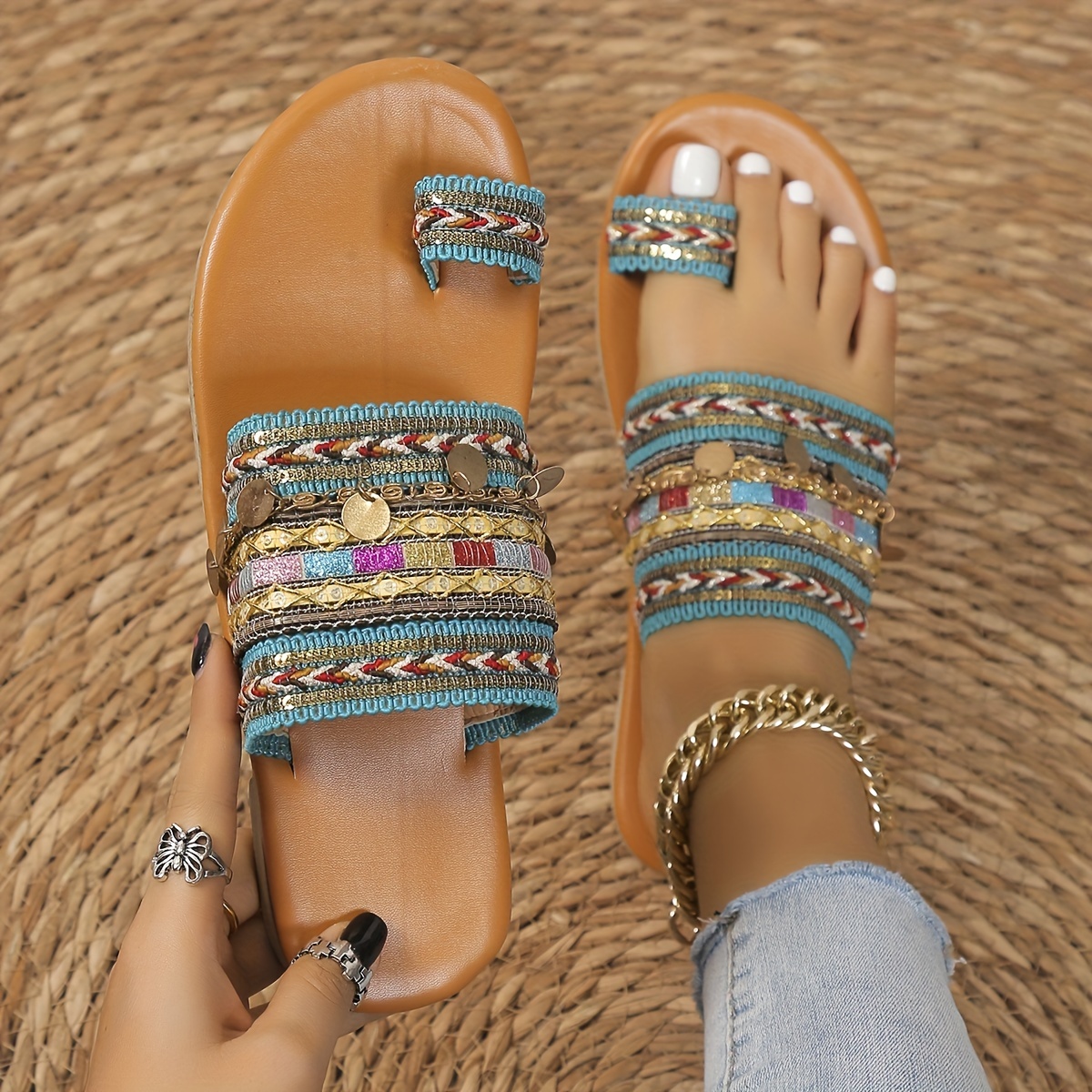 boho style flat slides, womens boho style flat slides tribal style toe loop non slip shoes casual outdoor slides details 4